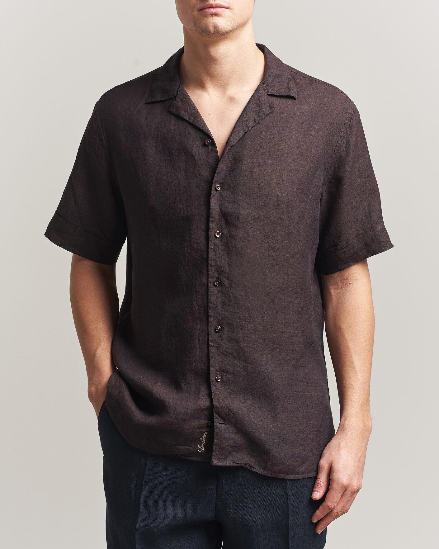 Mies | Kauluspaidat | Stenströms | Short Sleeve Linen Shirt Dark Brown