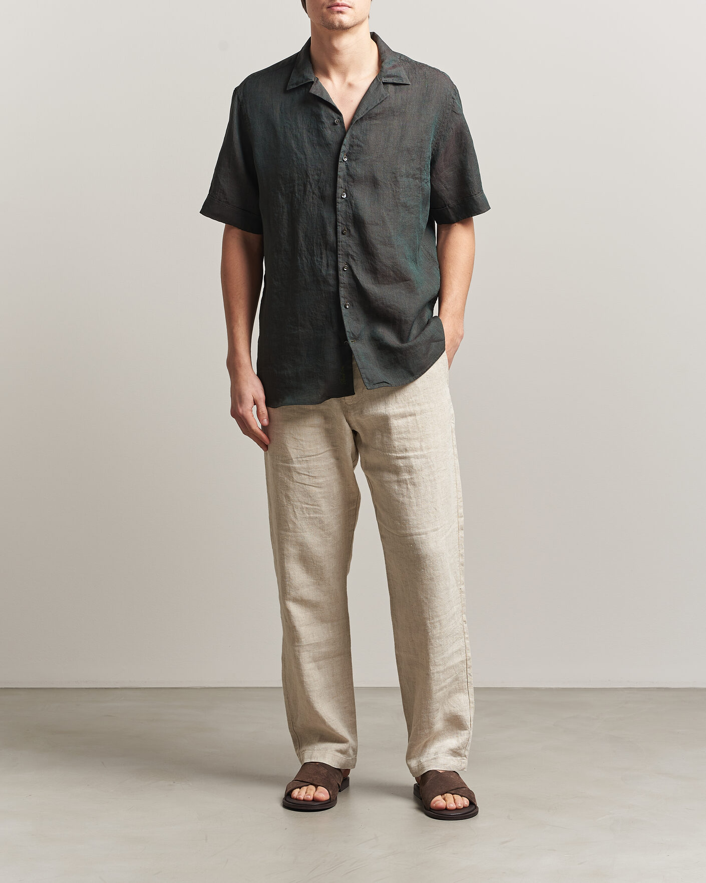 Mies | Kauluspaidat | Stenströms | Short Sleeve Linen Shirt Dark Green