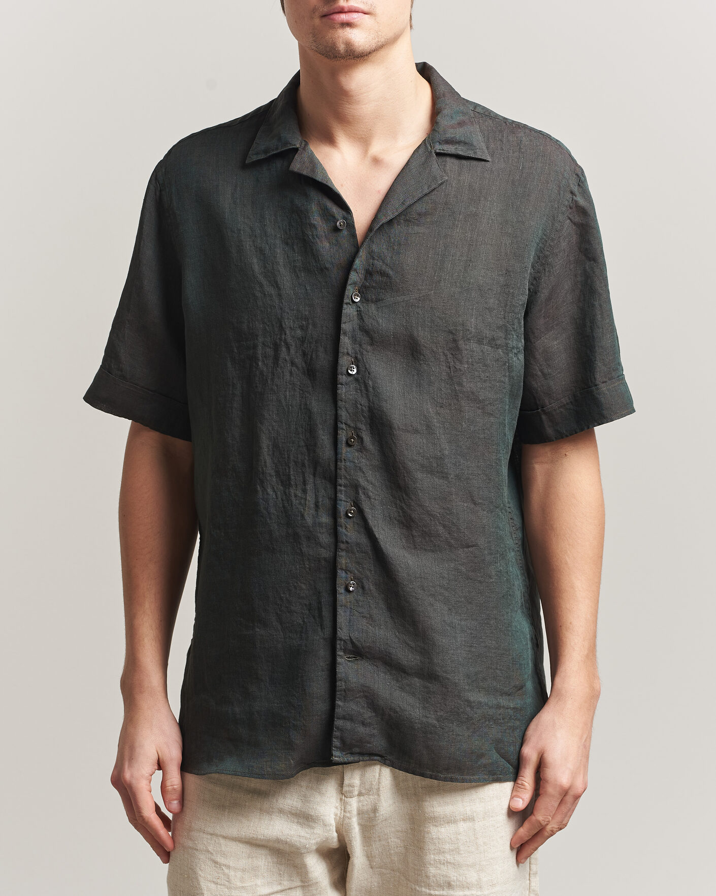 Mies | Kauluspaidat | Stenströms | Short Sleeve Linen Shirt Dark Green