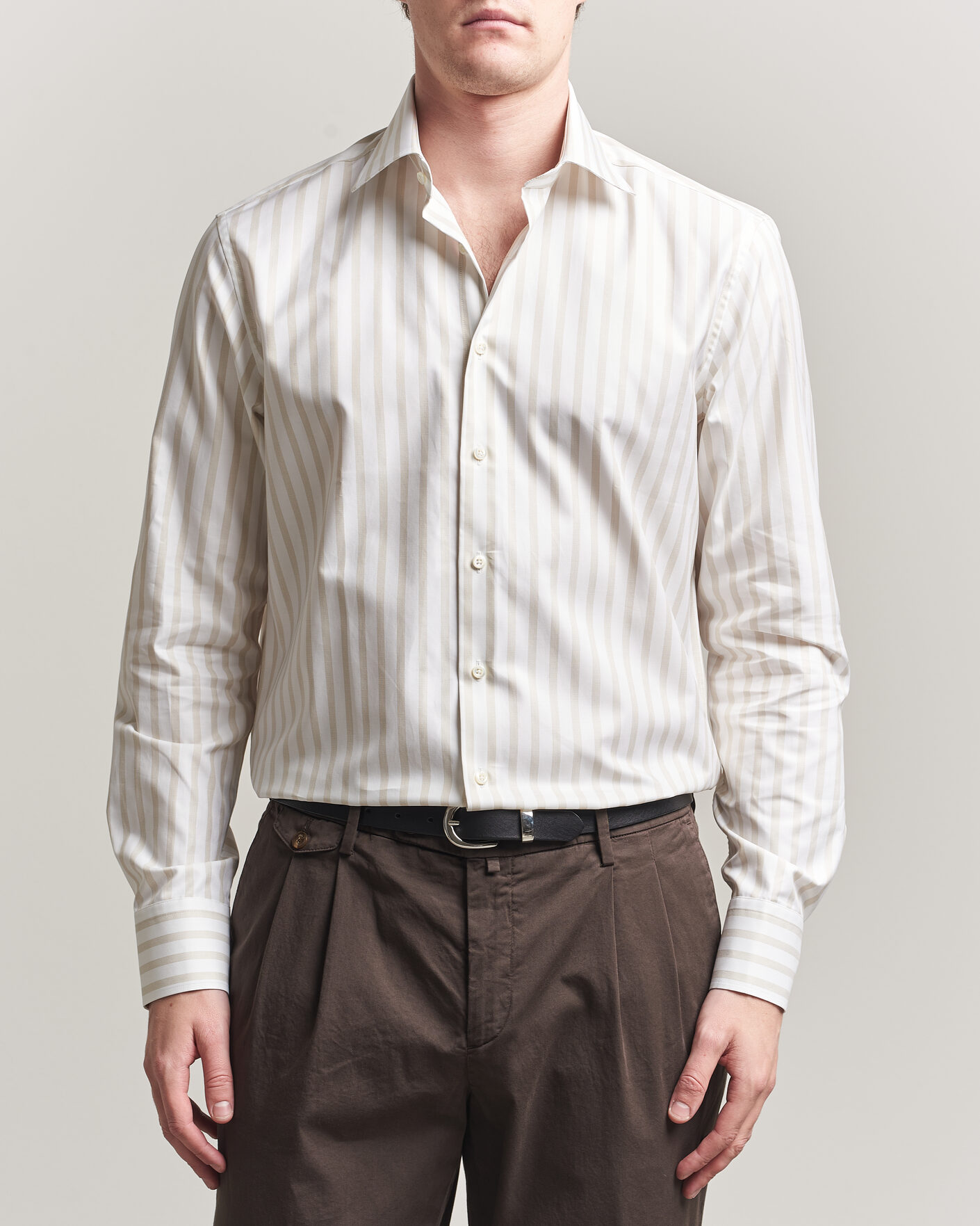 Mies | Kauluspaidat | Stenströms | Regular Wide Stripe Twill Shirt Beige