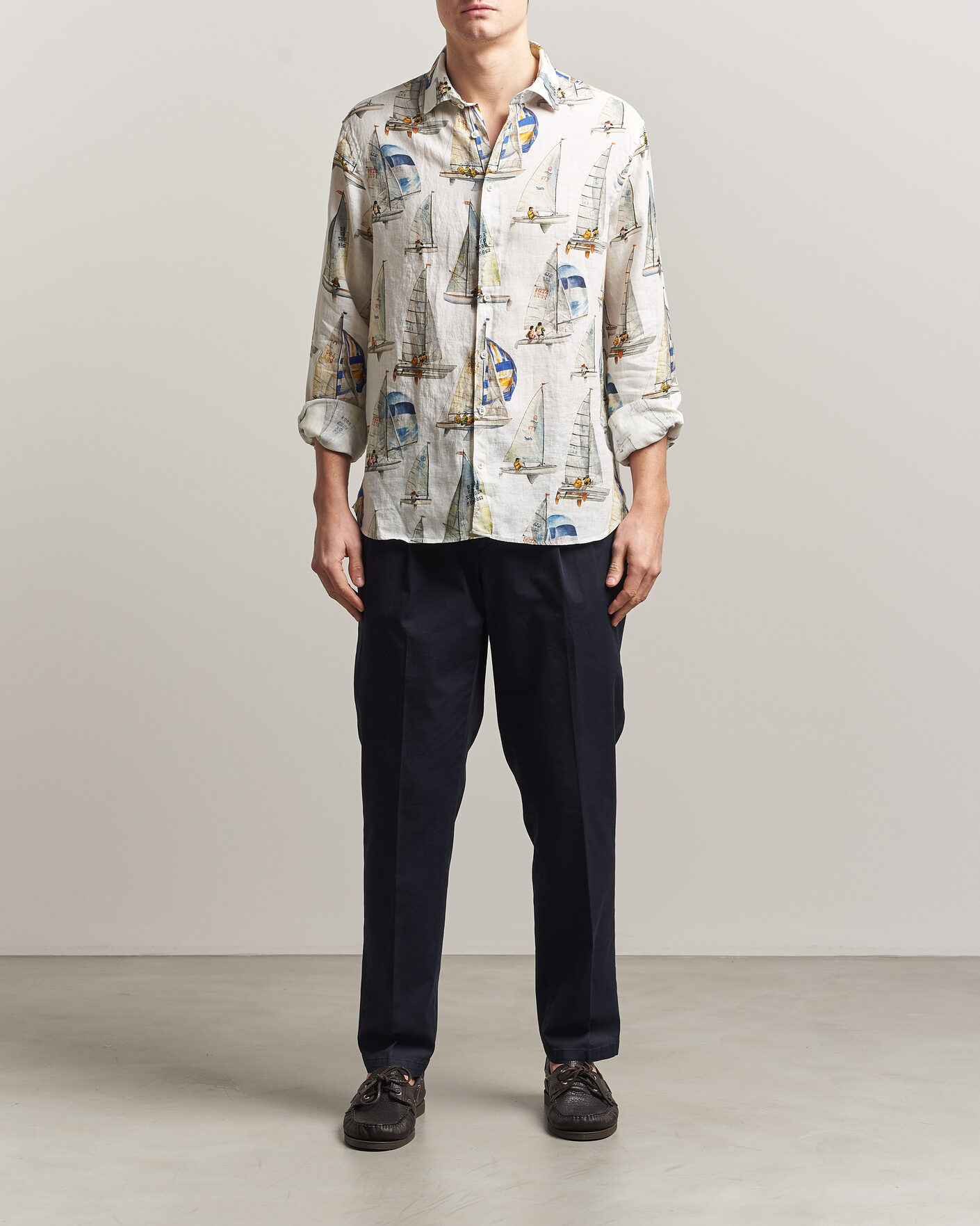 Mies | Kauluspaidat | Stenströms | Regular Fit Printed Sailing Linen Shirt White