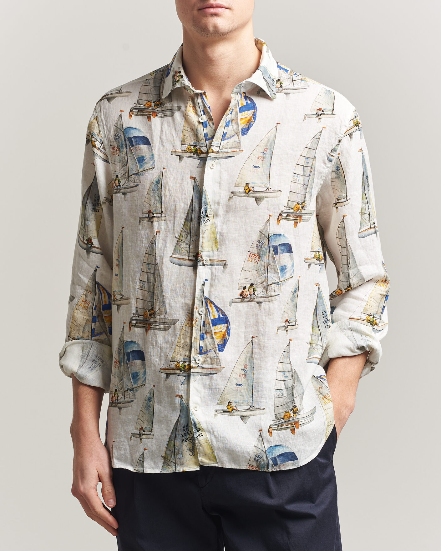 Mies | Kauluspaidat | Stenströms | Regular Fit Printed Sailing Linen Shirt White