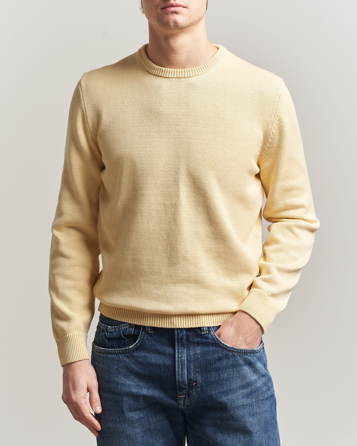 Mies | Puserot | Stenströms | Organic Cotton Knitted Sweater Light Yellow