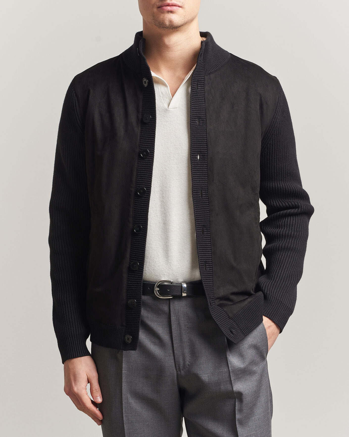 Mies | Puserot | Stenströms | Knitted Hybrid Buttoned Alcantara Cardigan Black