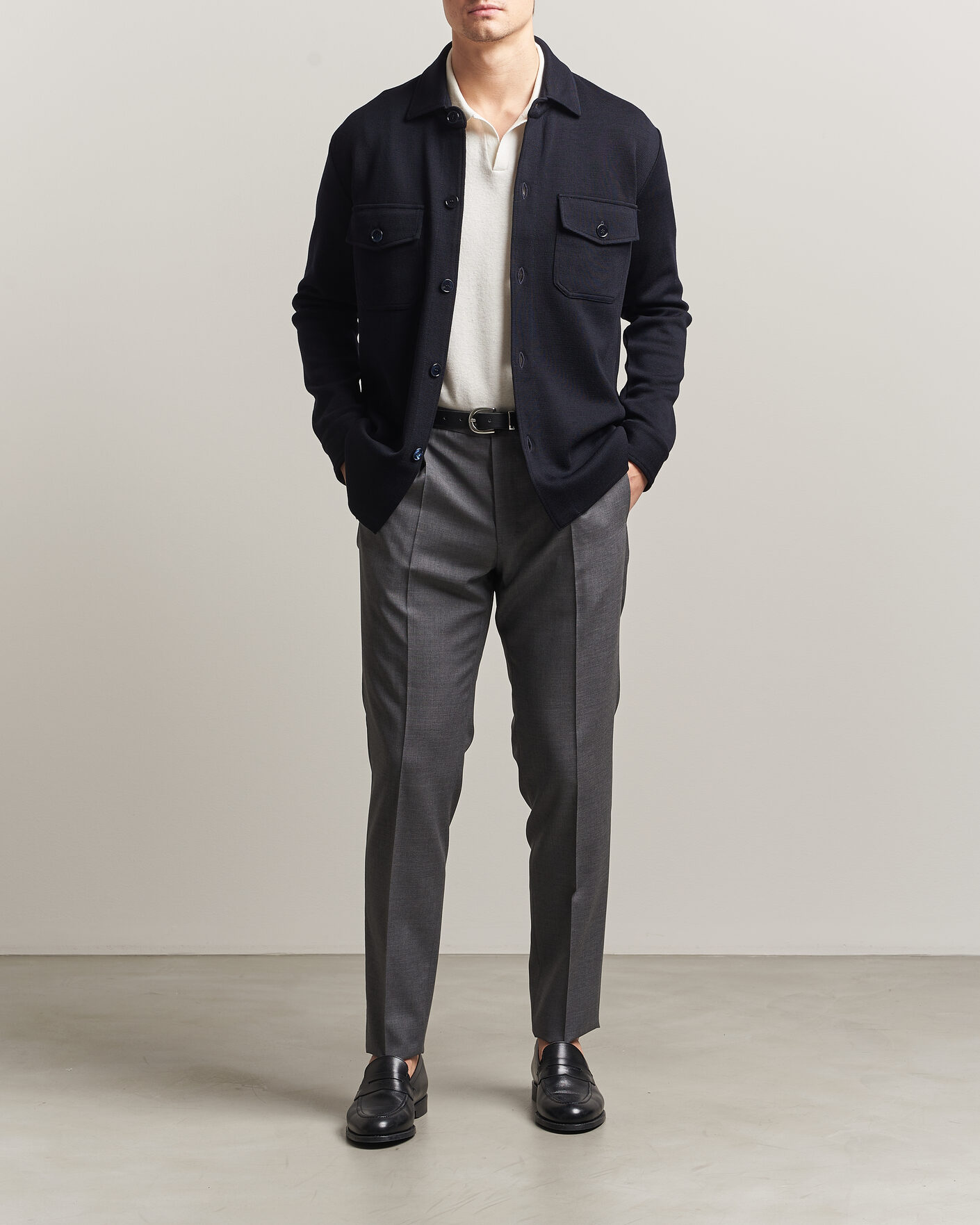 Mies | Puserot | Stenströms | Milano Knitted Merino Overshirt Navy