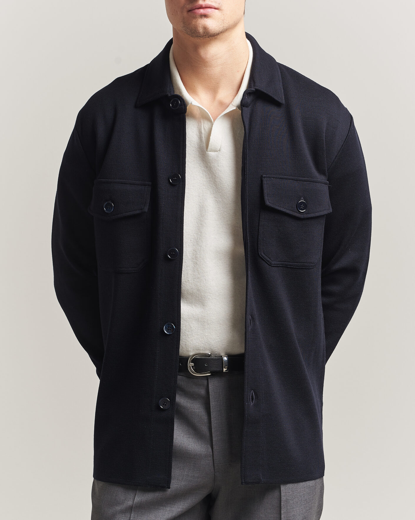 Mies | Puserot | Stenströms | Milano Knitted Merino Overshirt Navy