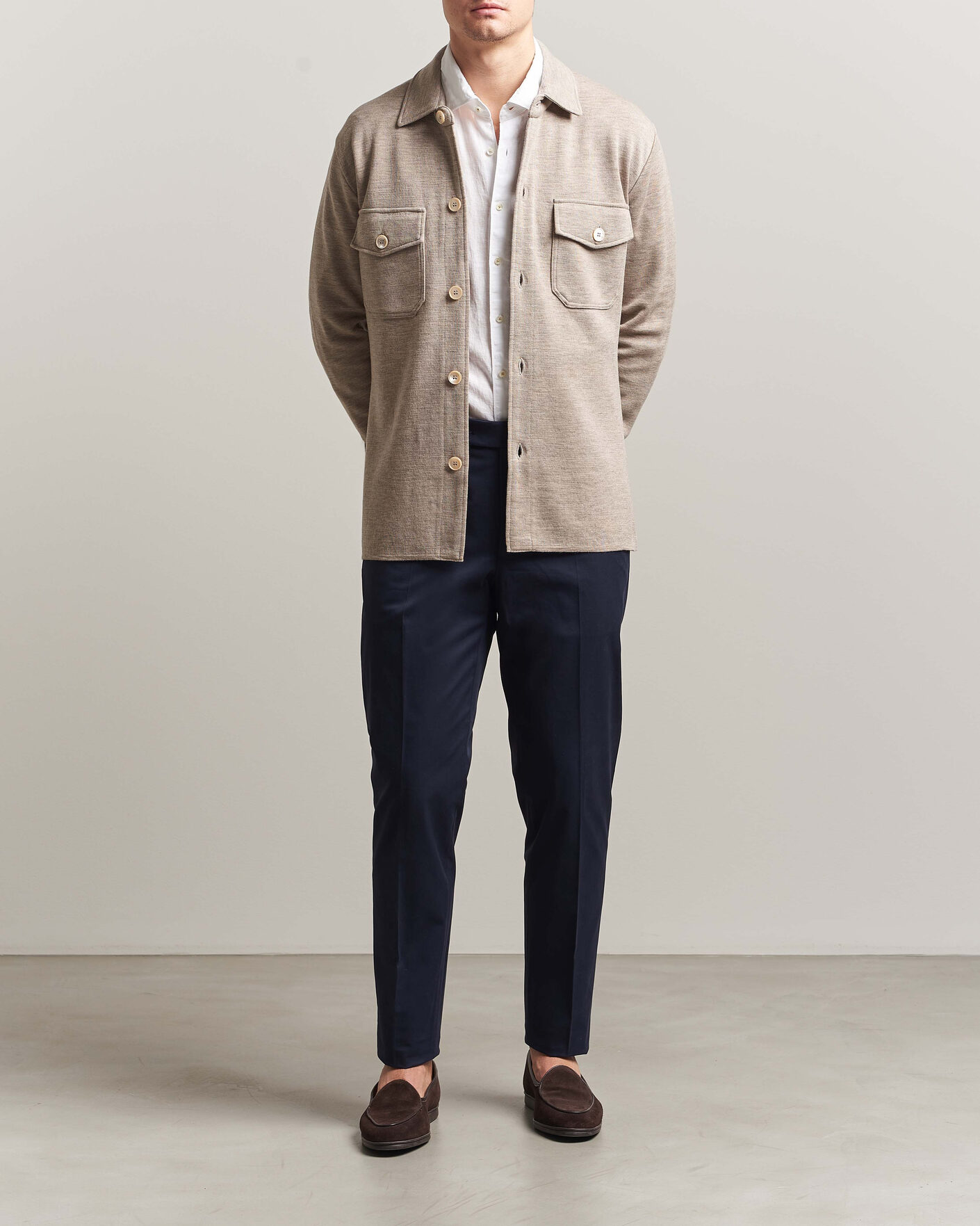 Mies | Puserot | Stenströms | Milano Knitted Merino Overshirt Beige