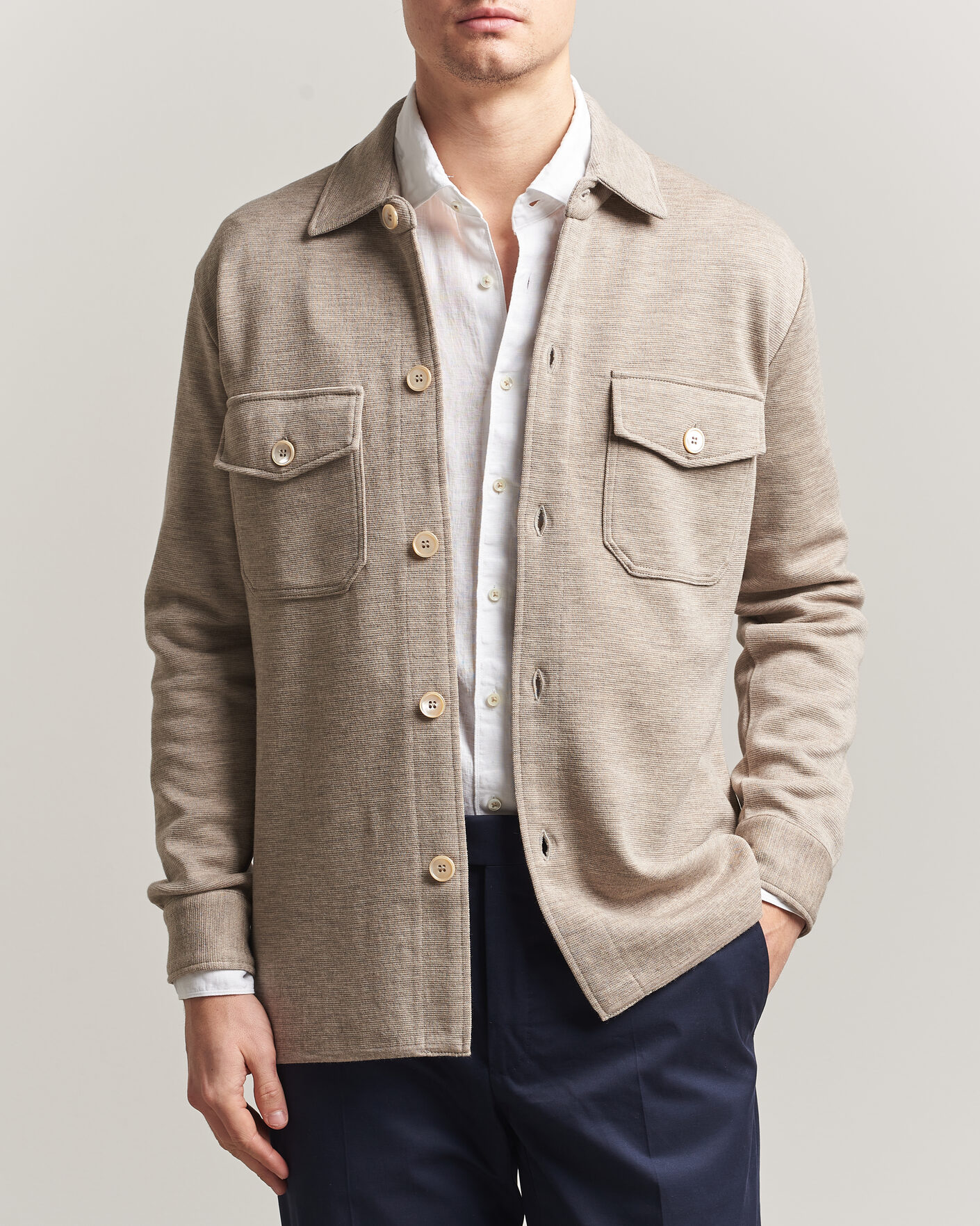 Mies | Puserot | Stenströms | Milano Knitted Merino Overshirt Beige