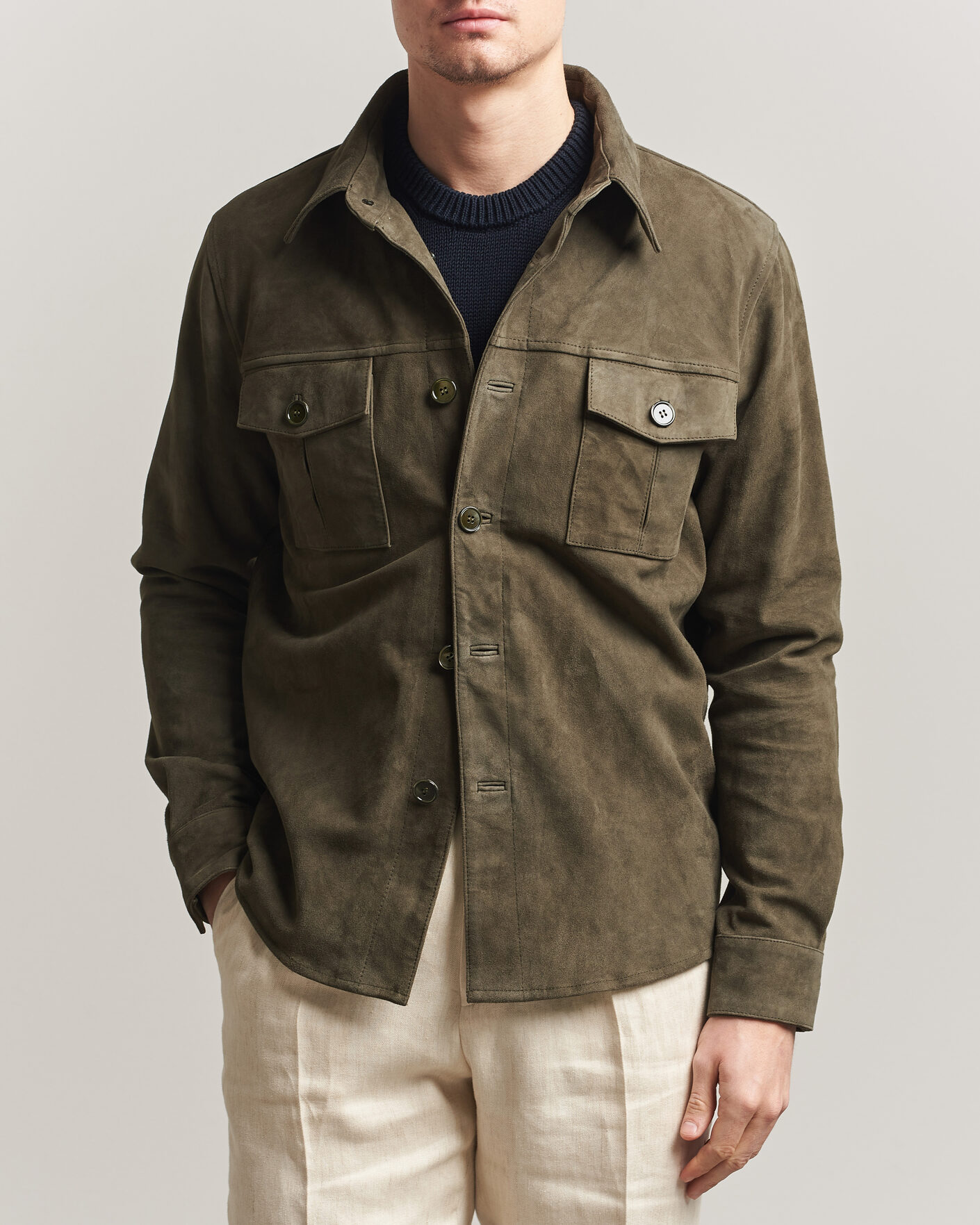 Mies | Takit | Stenströms | Suede Pocket Overshirt Olive
