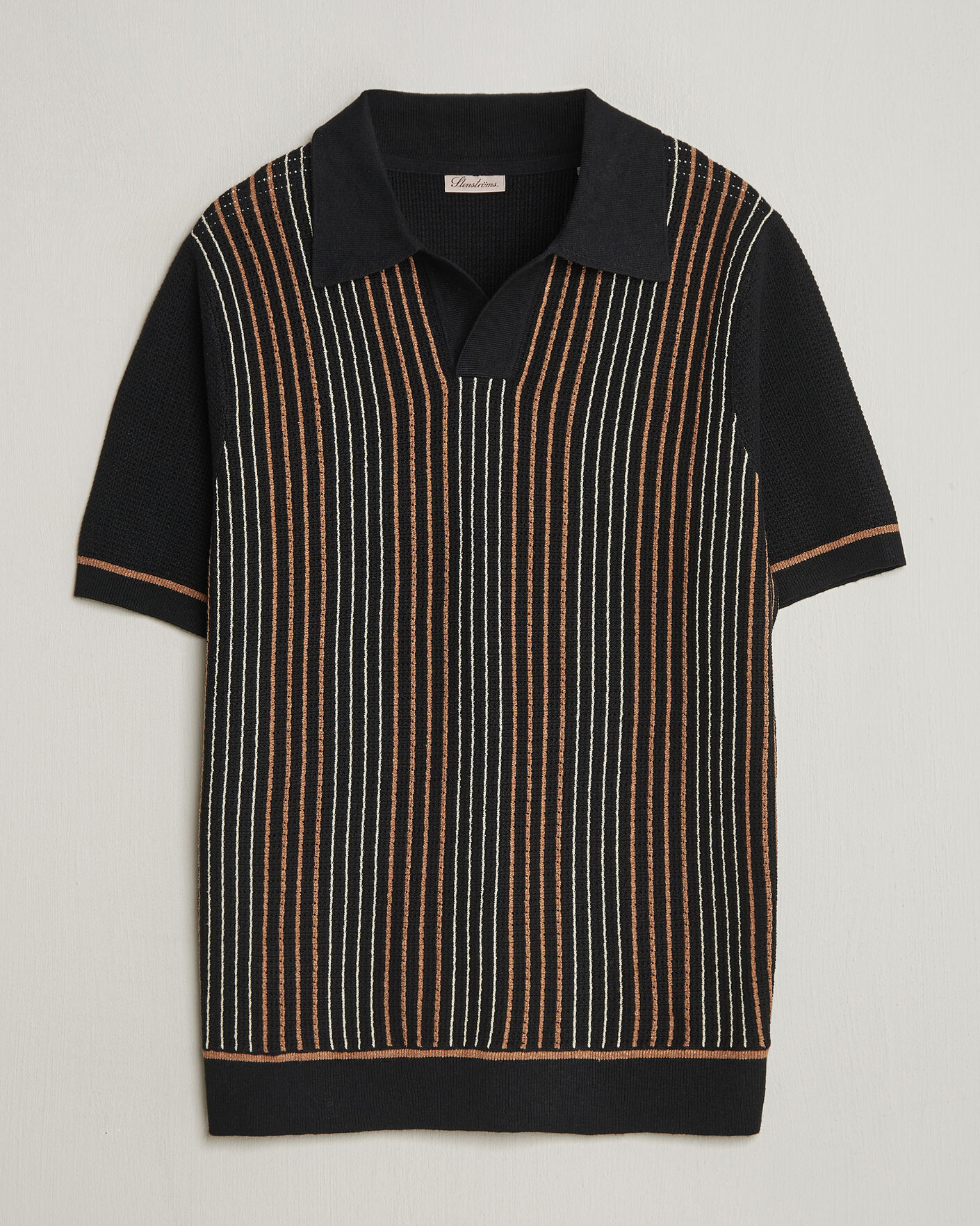 Mies | Pikeet | Stenströms | Knitted Stripe Hemp/Cotton Polo Black