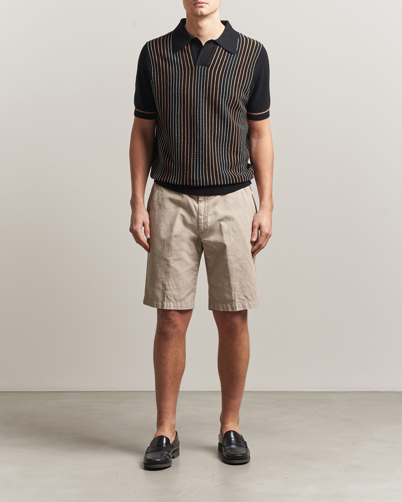 Mies | Pikeet | Stenströms | Knitted Stripe Hemp/Cotton Polo Black