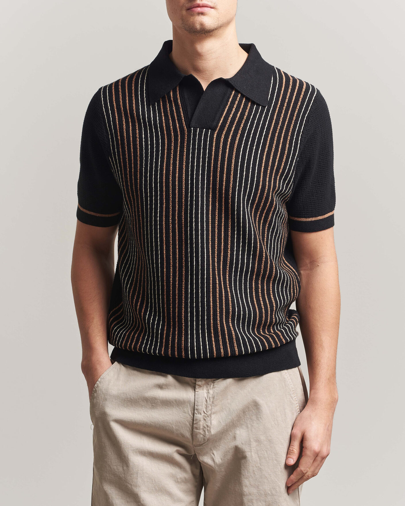 Mies | Pikeet | Stenströms | Knitted Stripe Hemp/Cotton Polo Black
