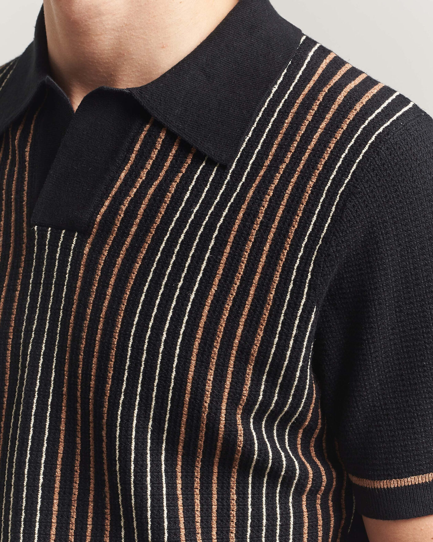 Mies | Pikeet | Stenströms | Knitted Stripe Hemp/Cotton Polo Black