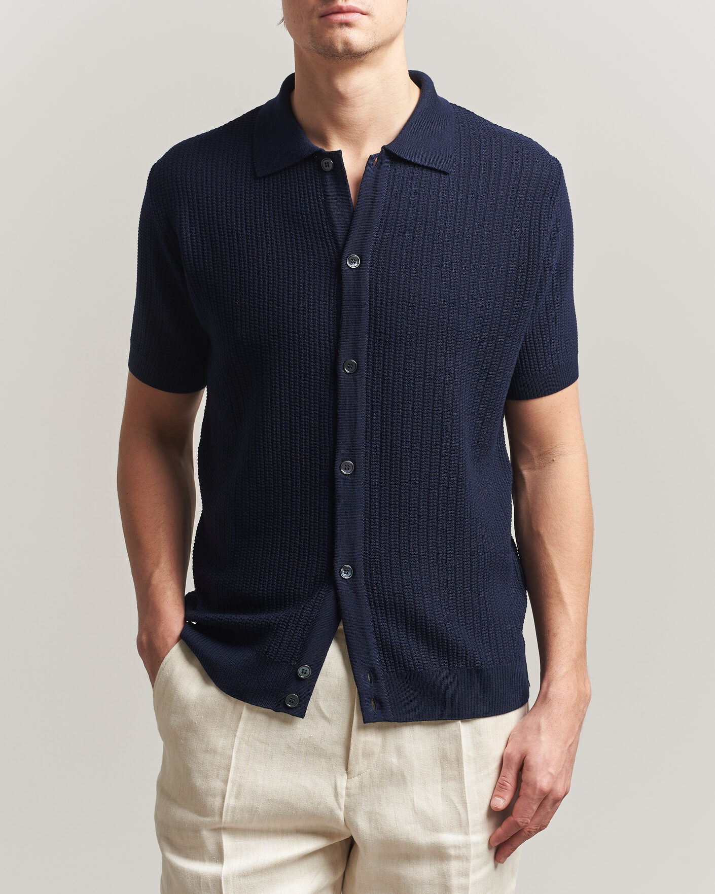 Mies | Pikeet | Stenströms | Knitted Buttonthru Merino Polo Shirt Navy