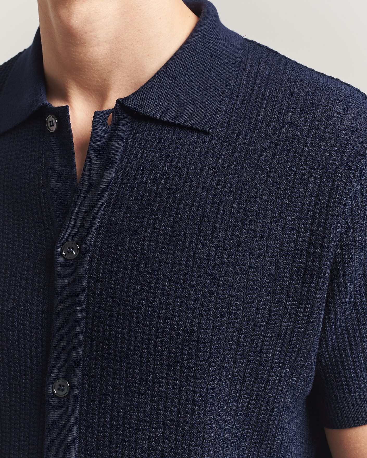 Mies | Pikeet | Stenströms | Knitted Buttonthru Merino Polo Shirt Navy