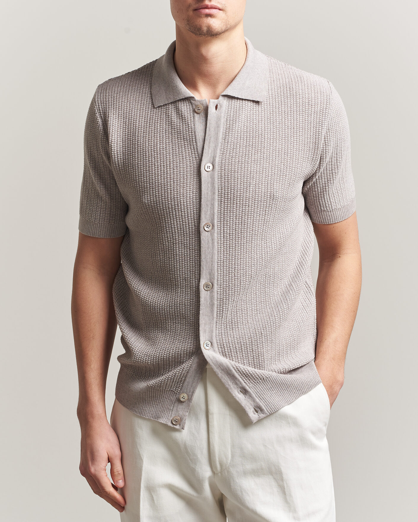 Mies | Pikeet | Stenströms | Knitted Buttonthru Merino Polo Shirt Grey