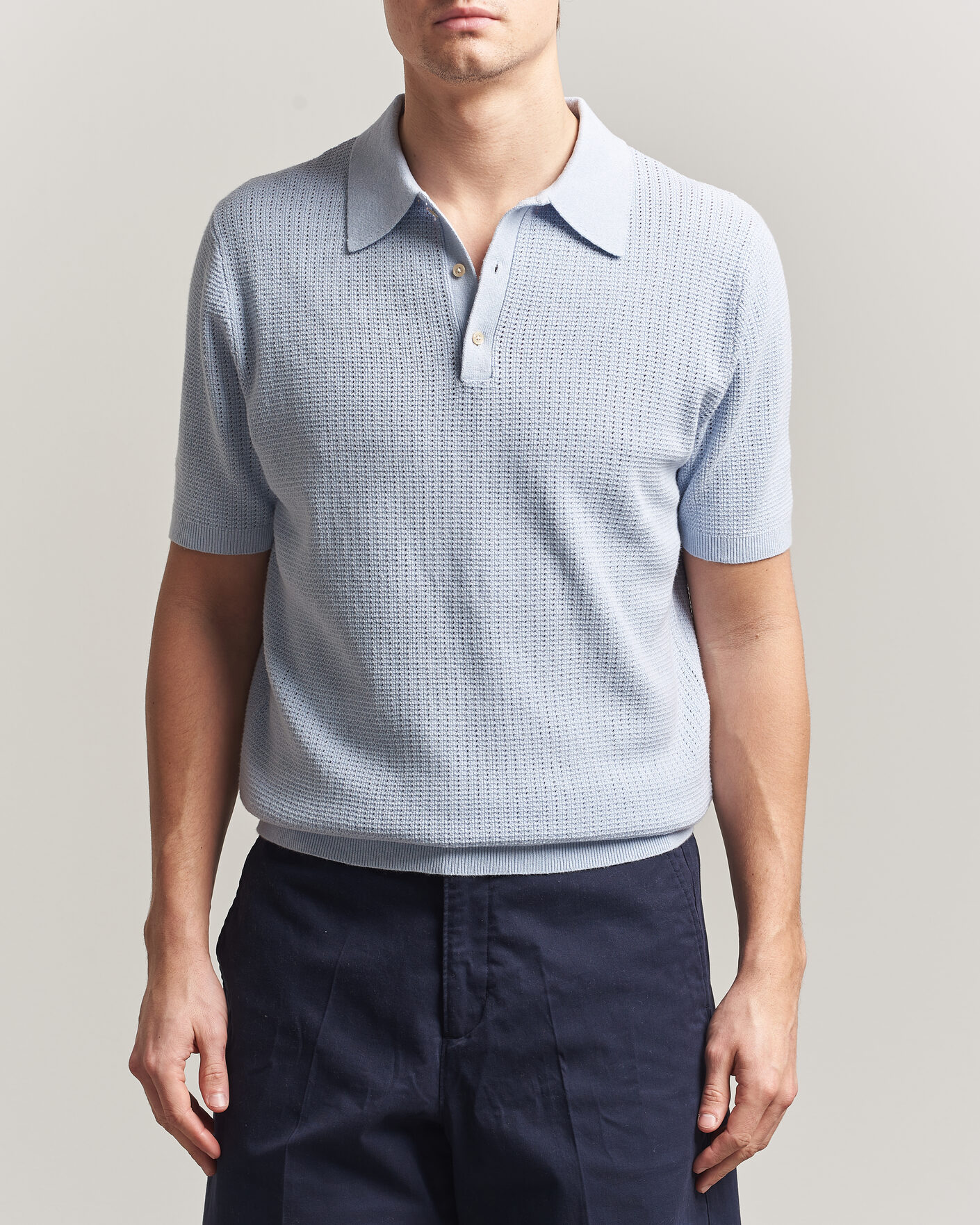 Mies | Pikeet | Stenströms | Knitted Textured Cotton/Hemp Polo Light Blue