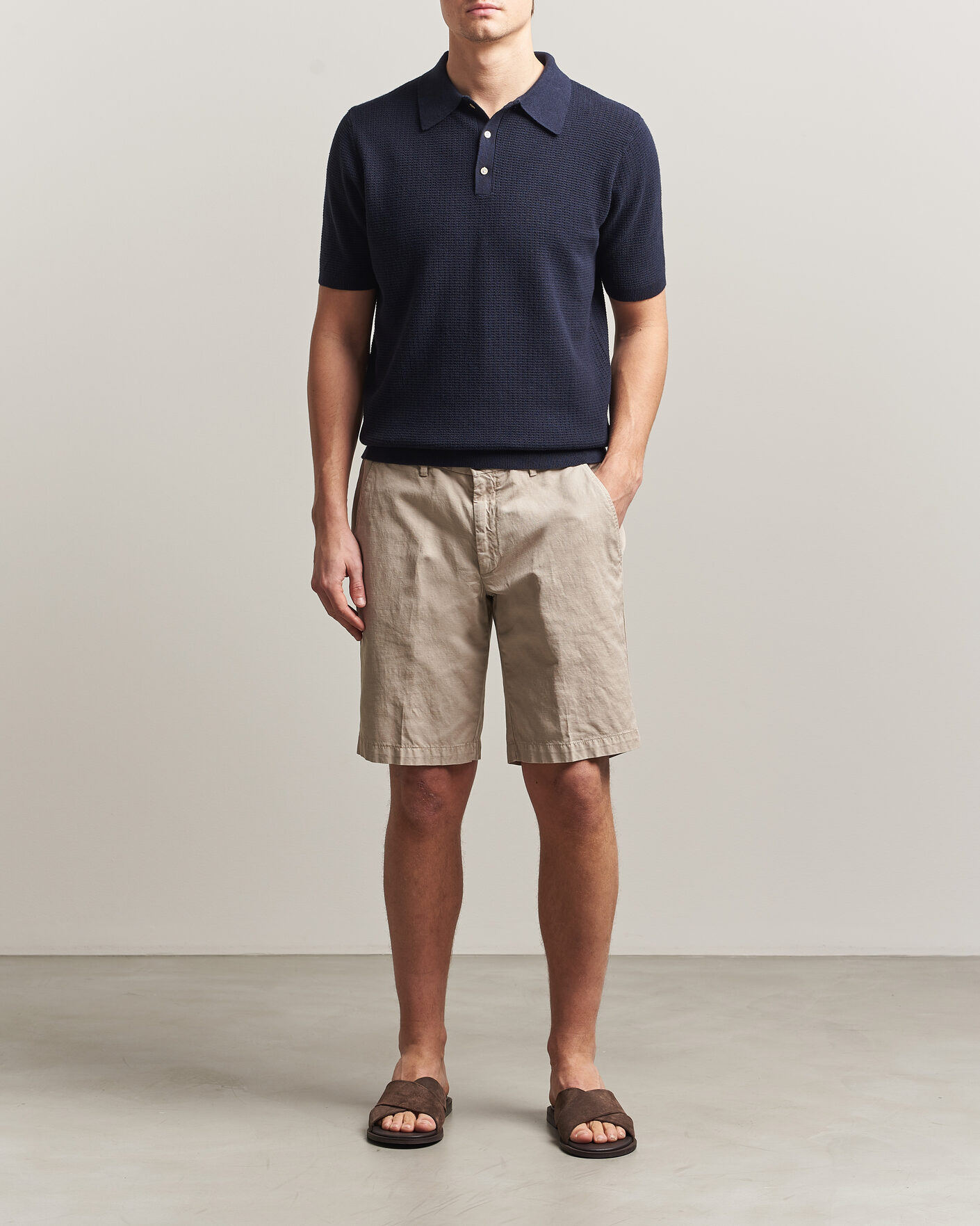 Mies | Pikeet | Stenströms | Knitted Textured Cotton/Hemp Polo Navy