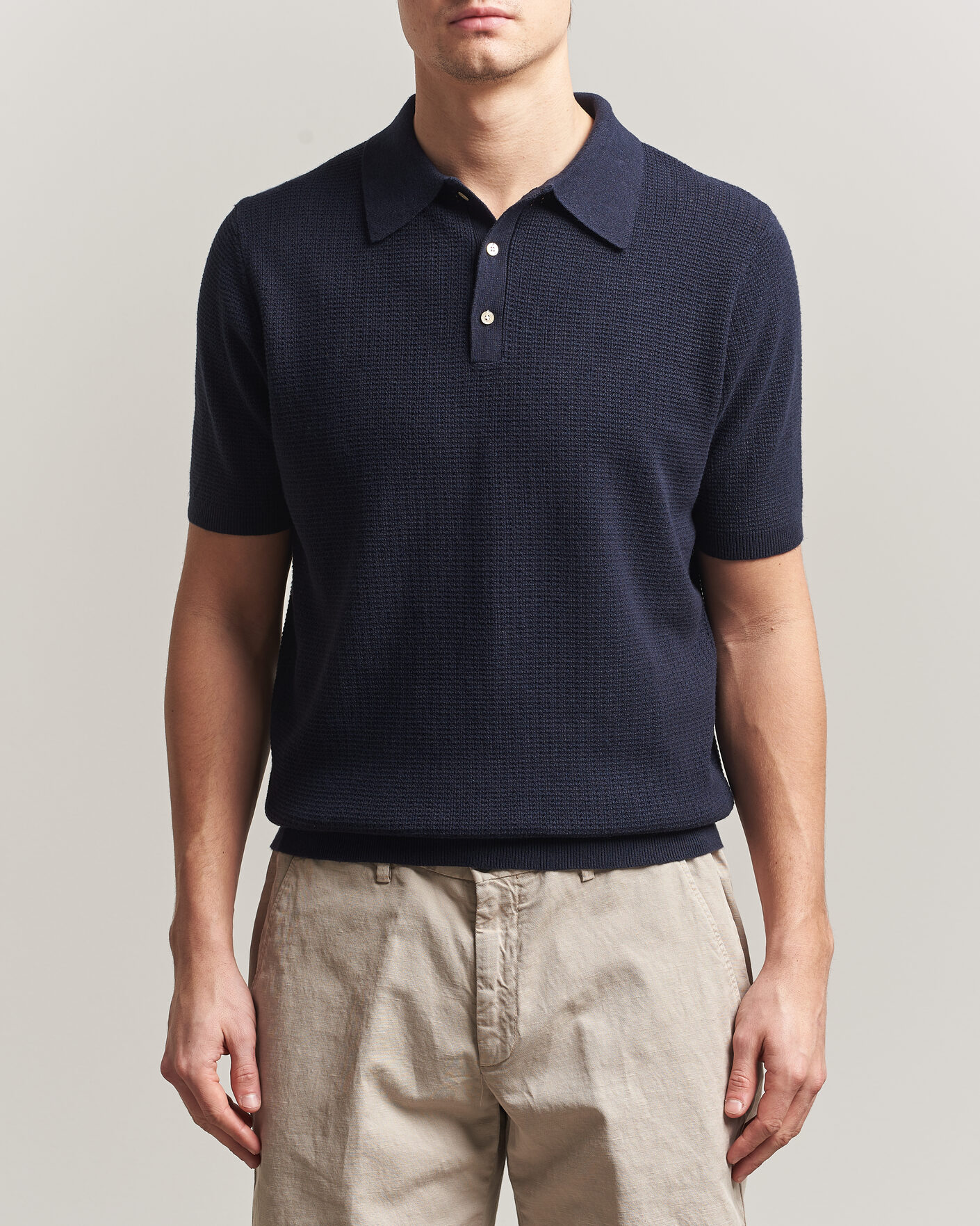 Mies | Pikeet | Stenströms | Knitted Textured Cotton/Hemp Polo Navy
