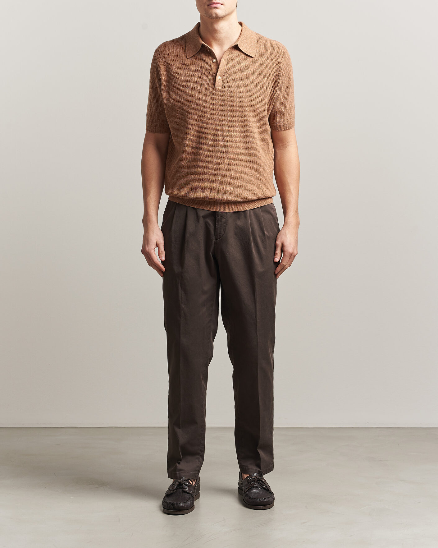Mies | Pikeet | Stenströms | Knitted Textured Cotton/Hemp Polo Light Brown