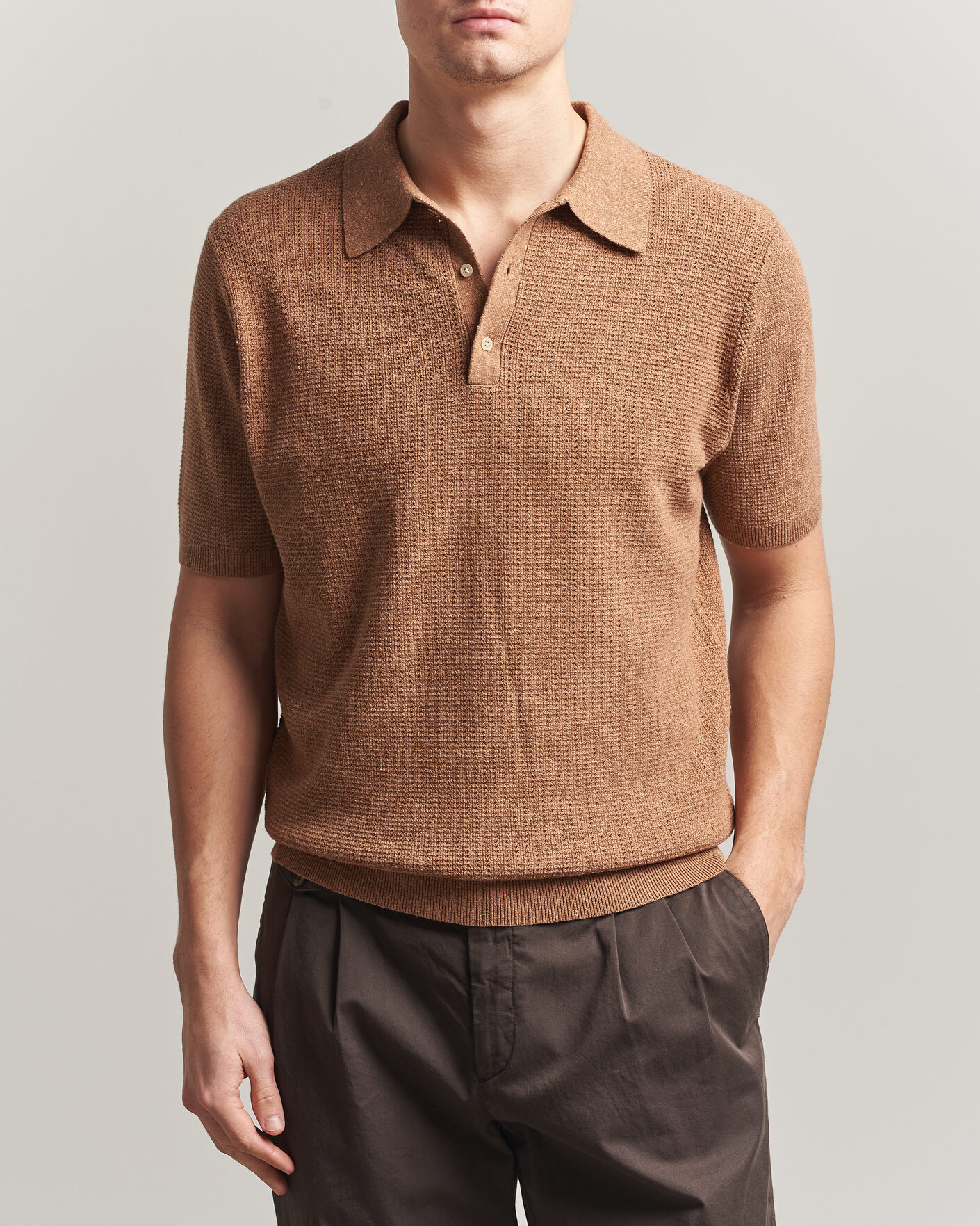 Mies | Pikeet | Stenströms | Knitted Textured Cotton/Hemp Polo Light Brown