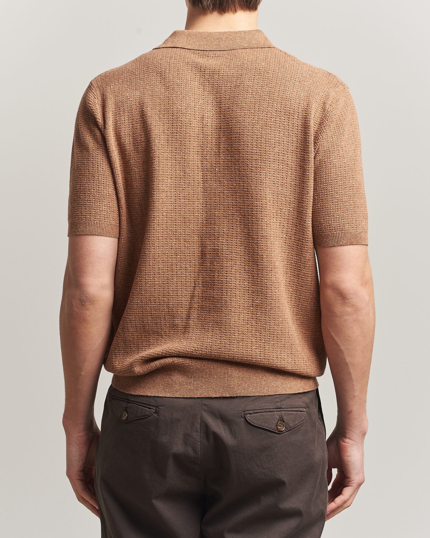 Mies | Pikeet | Stenströms | Knitted Textured Cotton/Hemp Polo Light Brown
