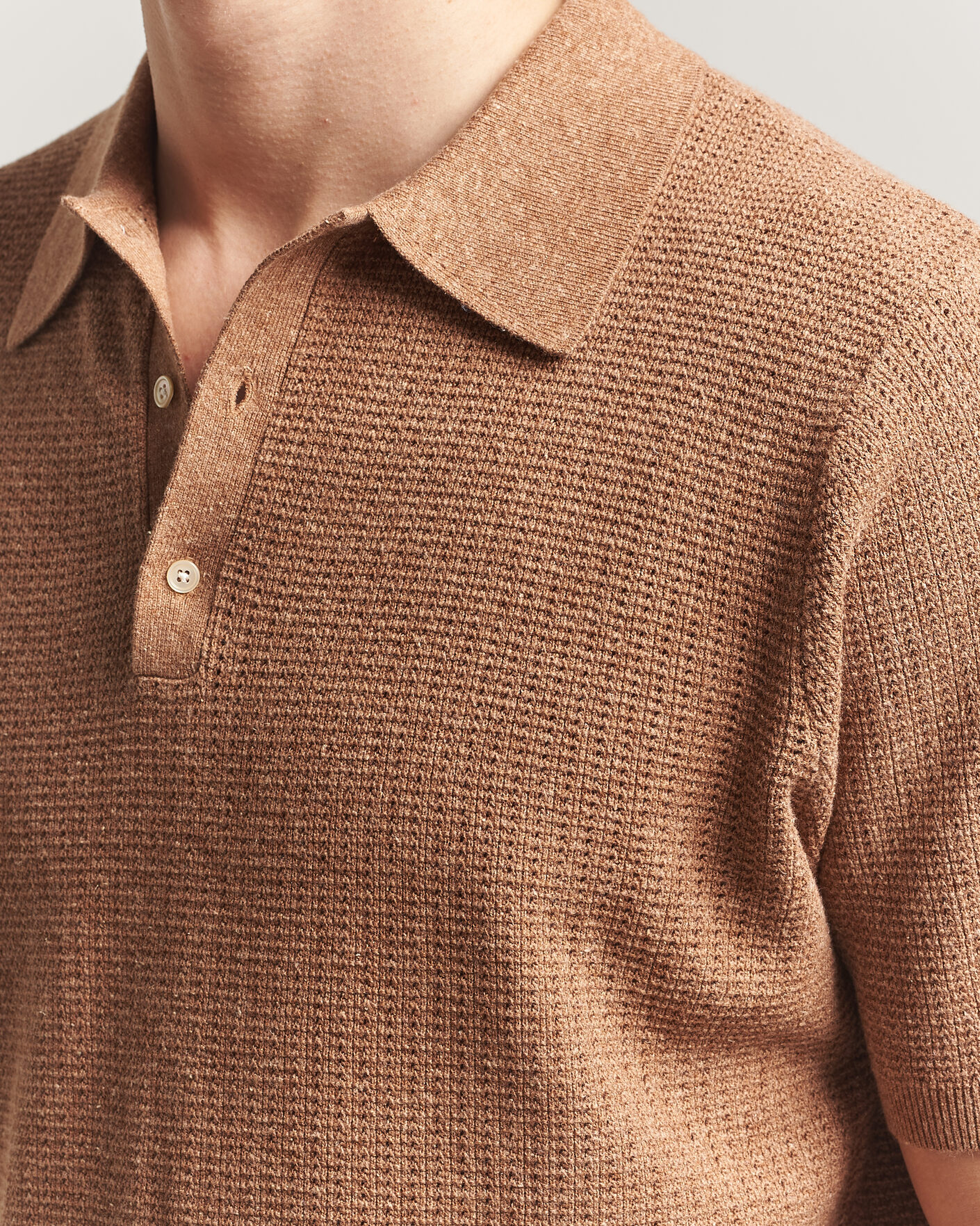 Mies | Pikeet | Stenströms | Knitted Textured Cotton/Hemp Polo Light Brown