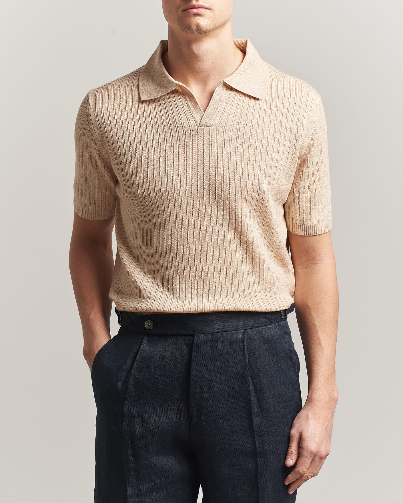 Mies | Pikeet | Stenströms | Linen/Merino Structured Polo Beige