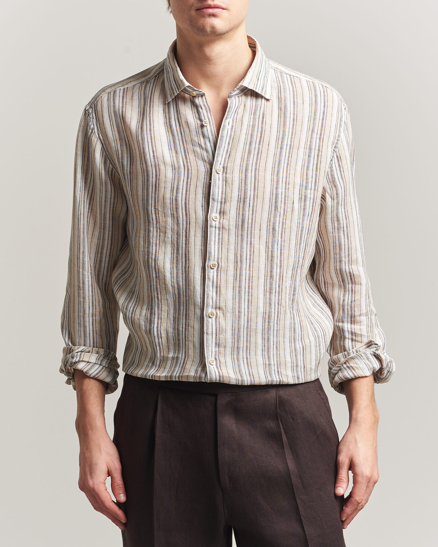 Mies | Kauluspaidat | Stenströms | Regular Fit Multi Striped Linen Shirt Brown