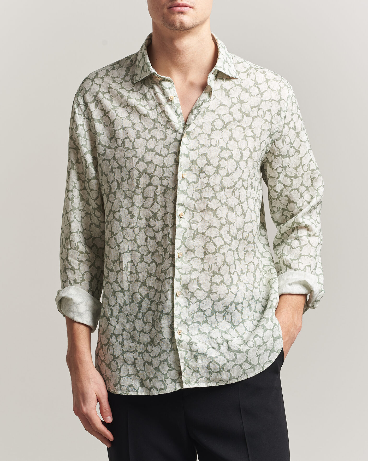 Mies | Kauluspaidat | Stenströms | Regular Fit Flower Printed Linen Shirt Green