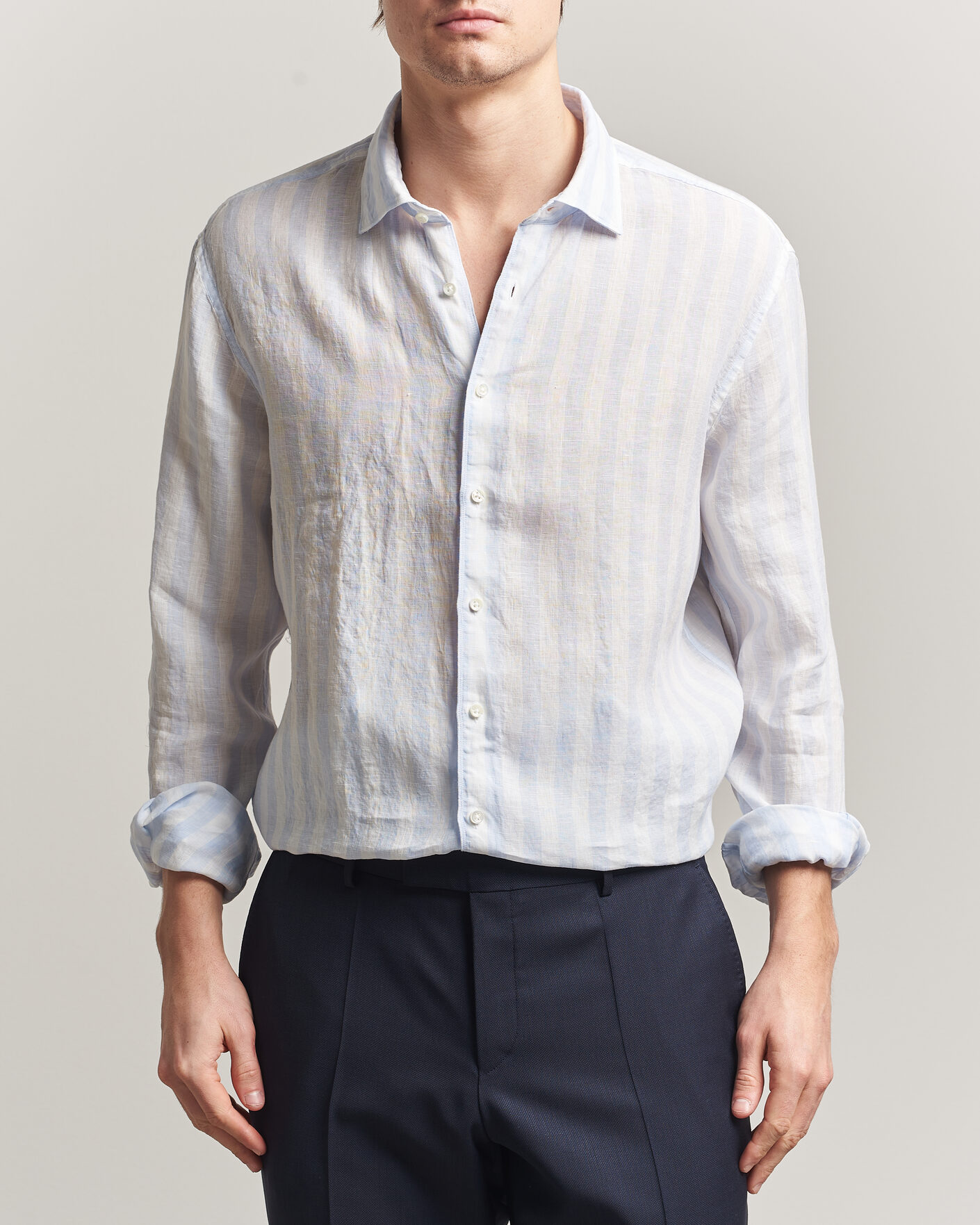 Mies | Kauluspaidat | Stenströms | Regular Fit Wide Stripe Linen Shirt Light Blue