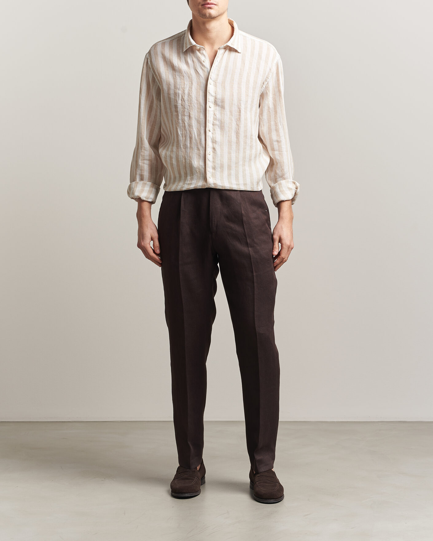 Mies | Kauluspaidat | Stenströms | Regular Fit Wide Stripe Linen Shirt Beige