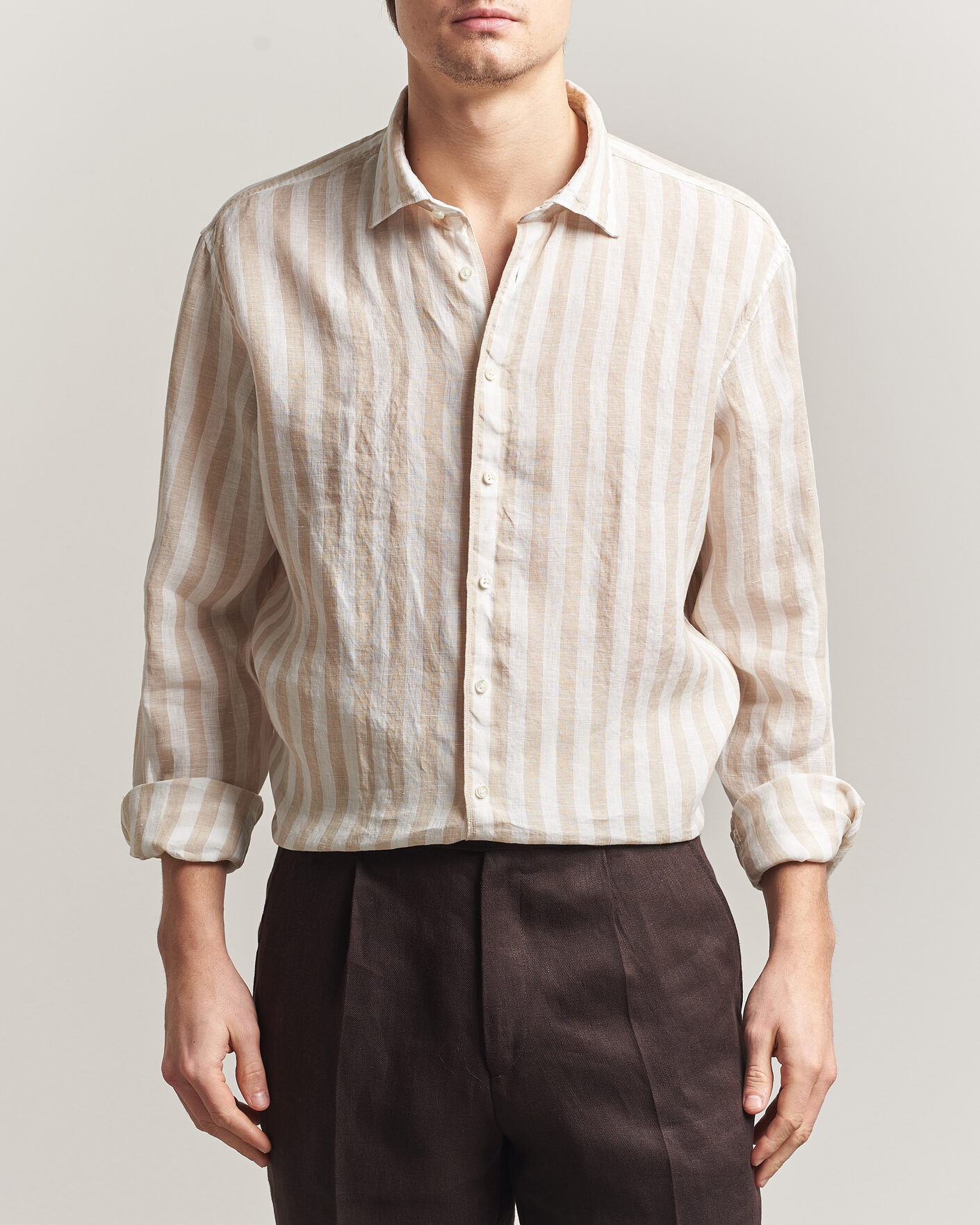 Mies | Kauluspaidat | Stenströms | Regular Fit Wide Stripe Linen Shirt Beige