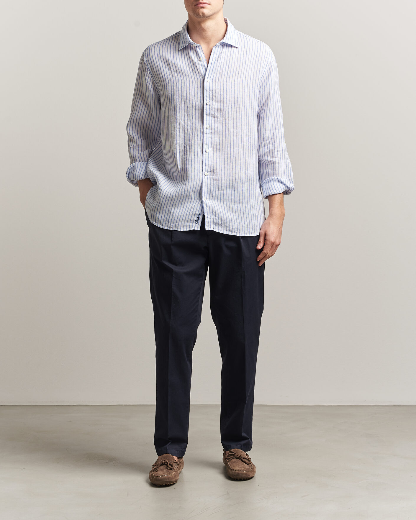 Mies | Kauluspaidat | Stenströms | Regular Fit Striped Linen Shirt White/Dark Blue
