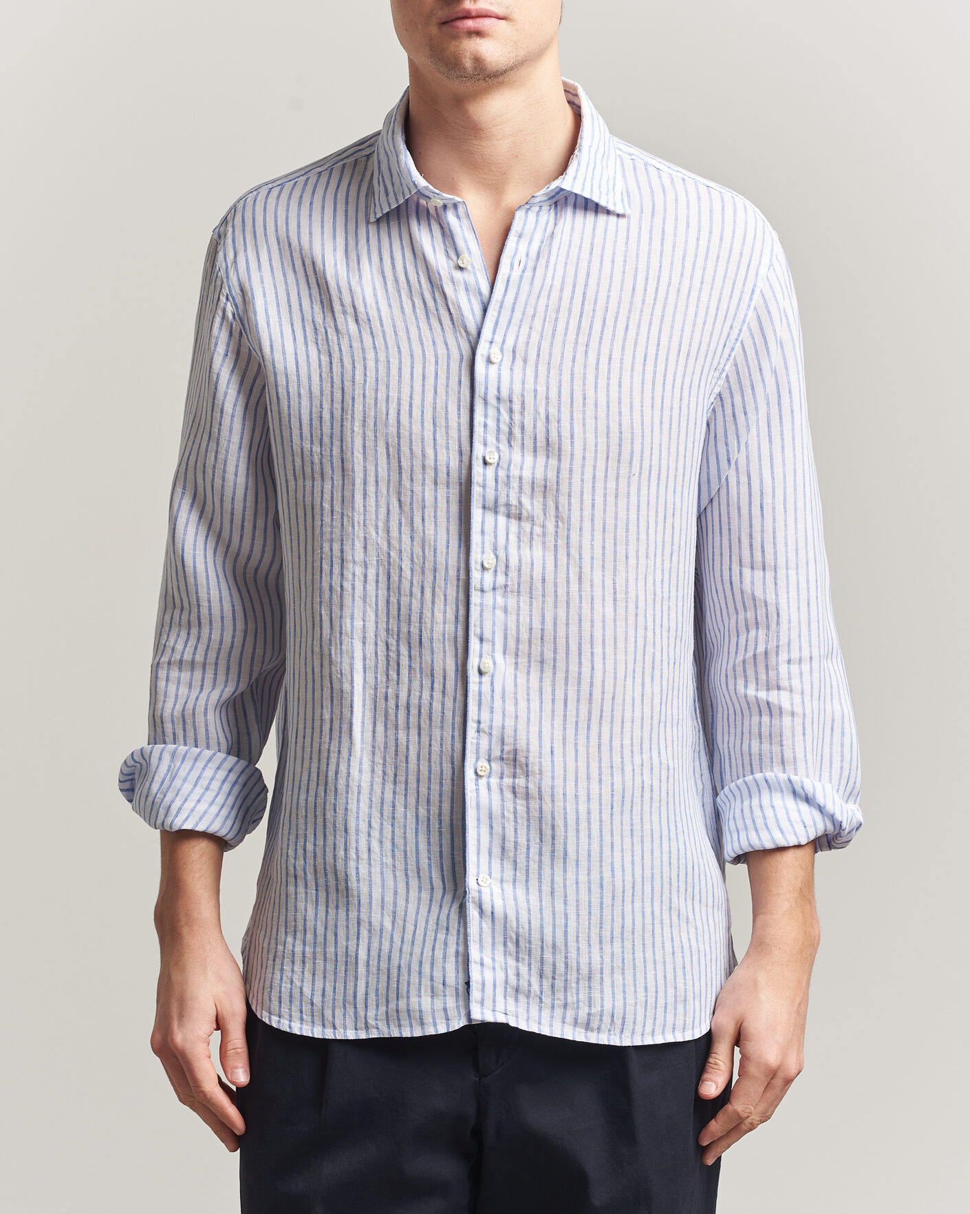 Mies | Kauluspaidat | Stenströms | Regular Fit Striped Linen Shirt White/Dark Blue