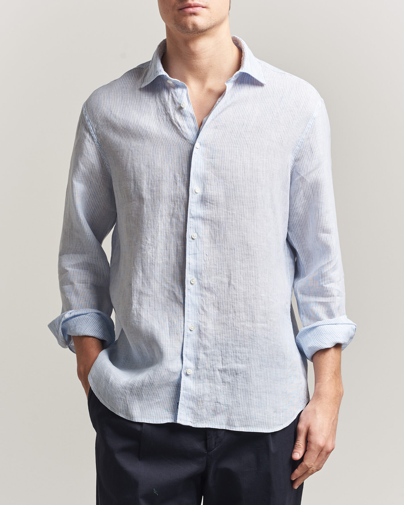 Mies | Kauluspaidat | Stenströms | Regular Fit Thin Striped Linen Shirt Light Blue