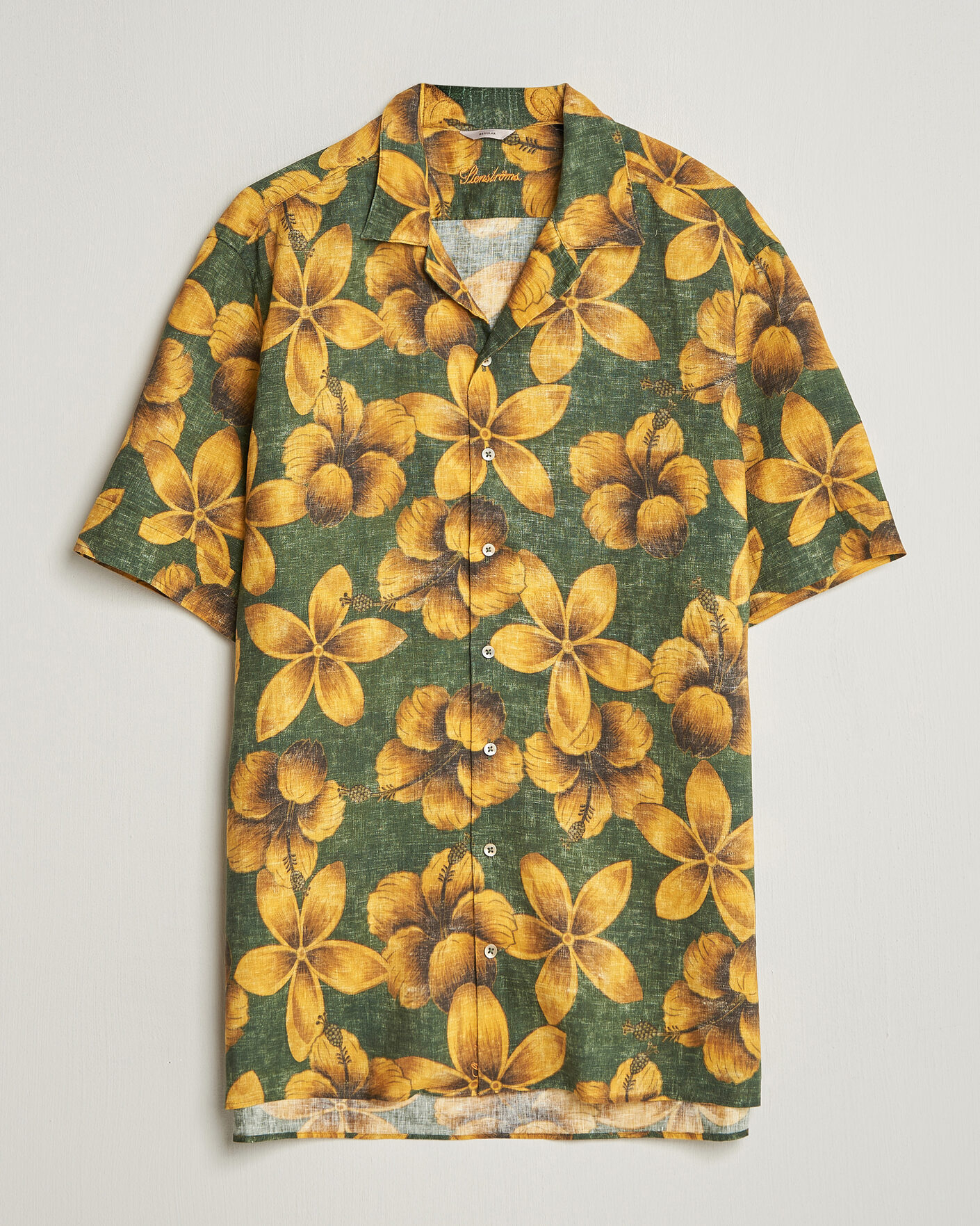 Mies | Kauluspaidat | Stenströms | Flower Printed Short Sleeve Linen Shirt Green