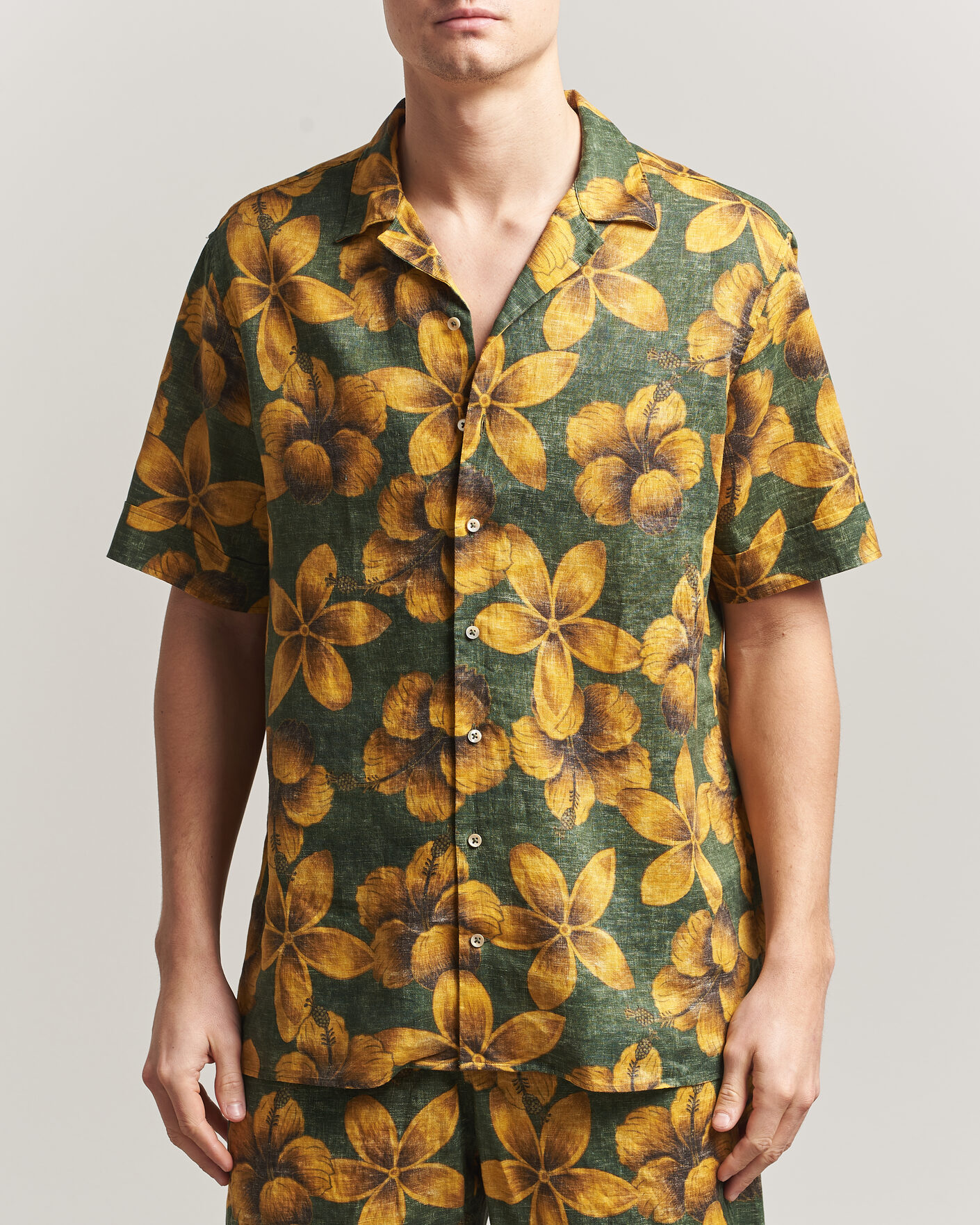 Mies | Kauluspaidat | Stenströms | Flower Printed Short Sleeve Linen Shirt Green
