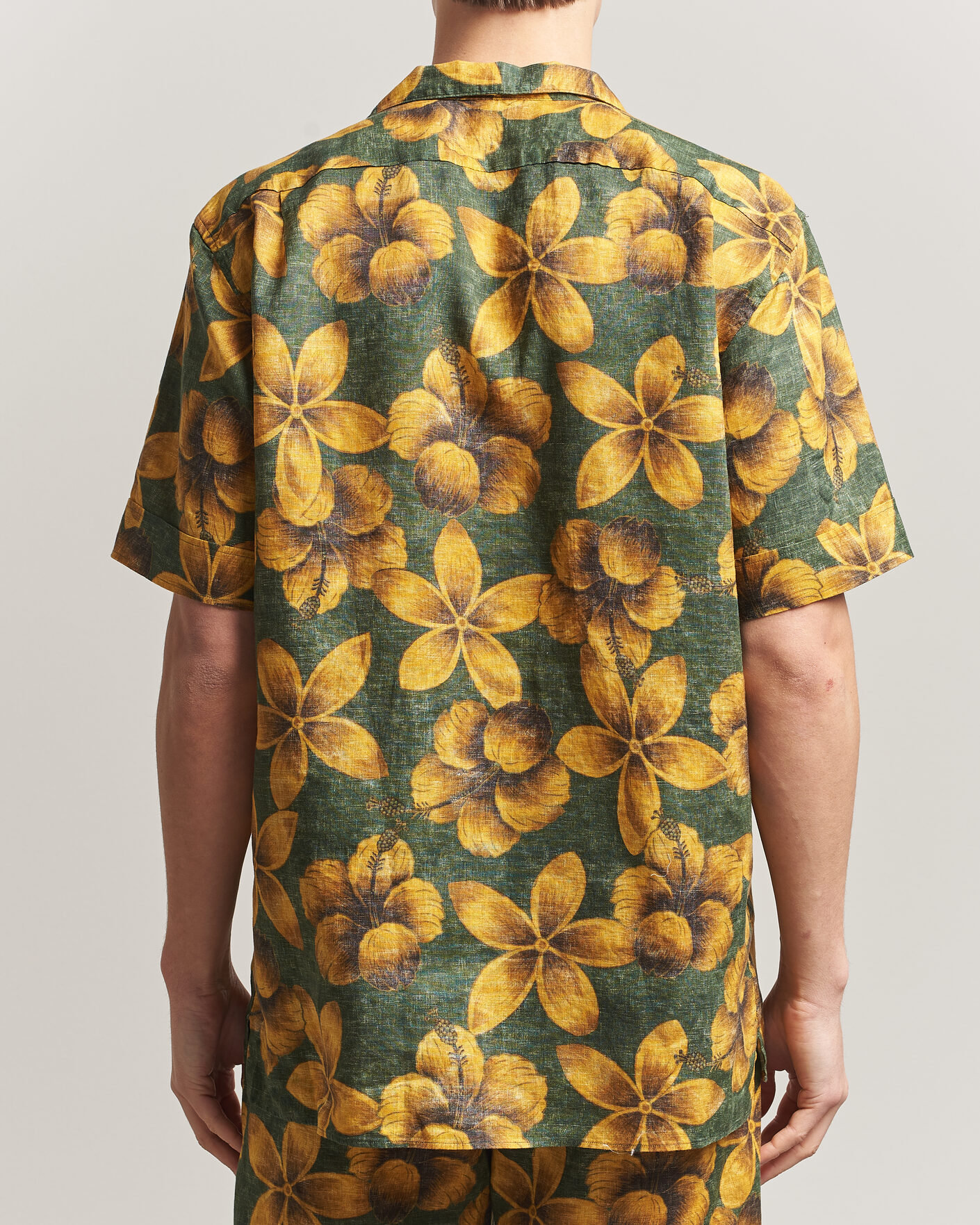 Mies | Kauluspaidat | Stenströms | Flower Printed Short Sleeve Linen Shirt Green