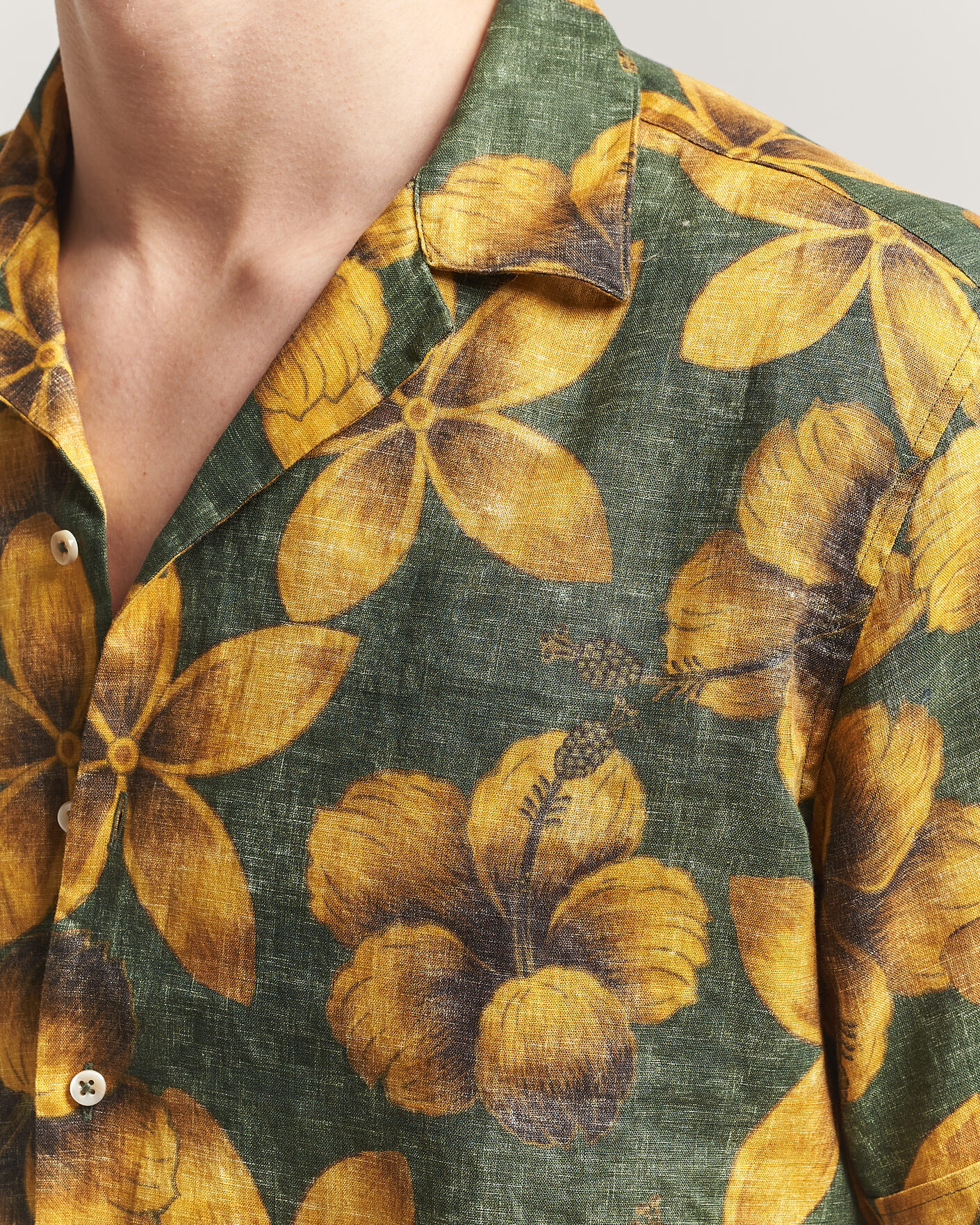 Mies | Kauluspaidat | Stenströms | Flower Printed Short Sleeve Linen Shirt Green