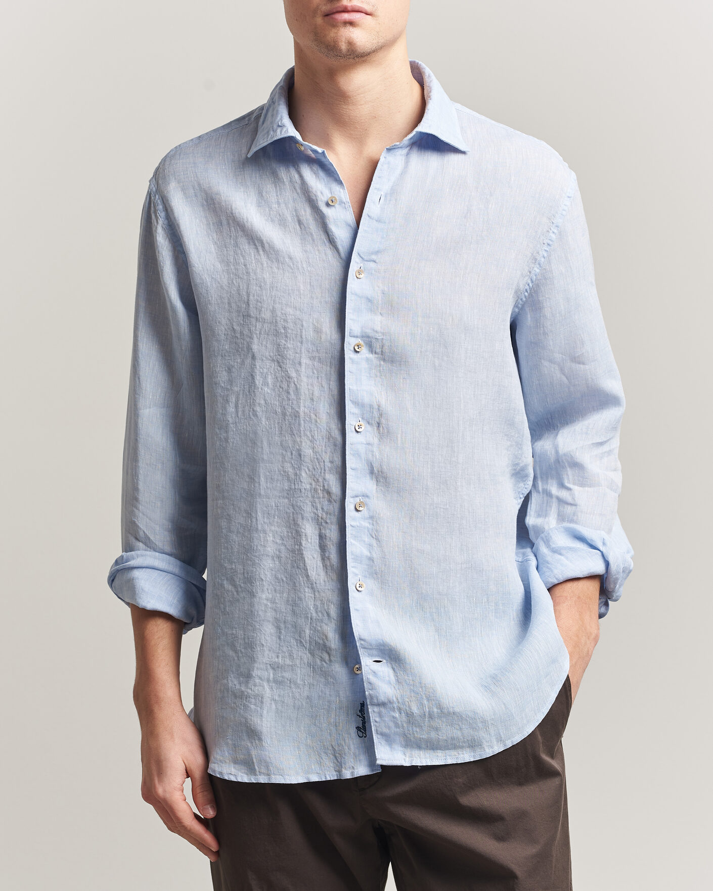 Mies | Kauluspaidat | Stenströms | Regular Fit Cut Away Linen Shirt Light Blue