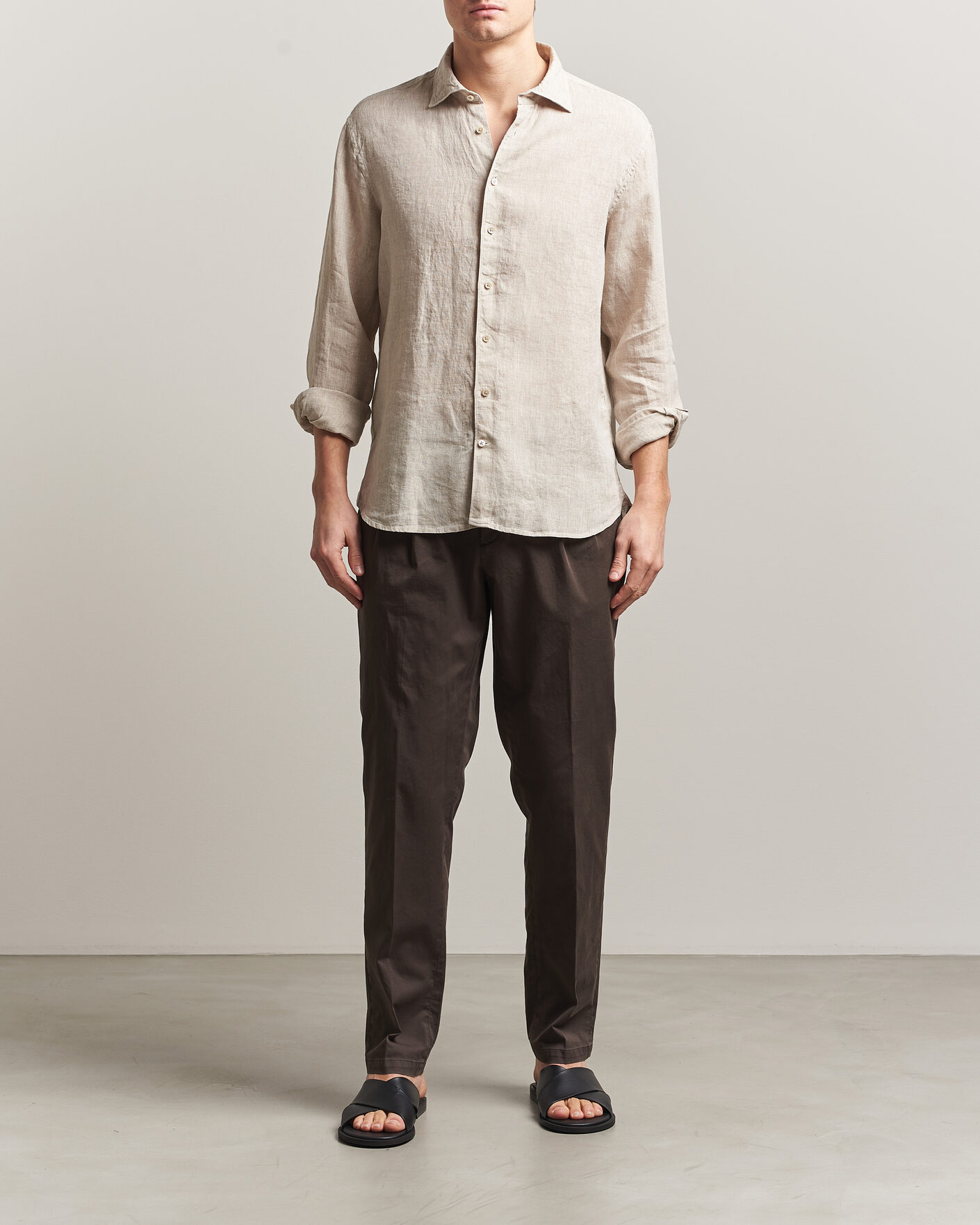 Mies | Kauluspaidat | Stenströms | Regular Fit Cut Away Linen Shirt Beige
