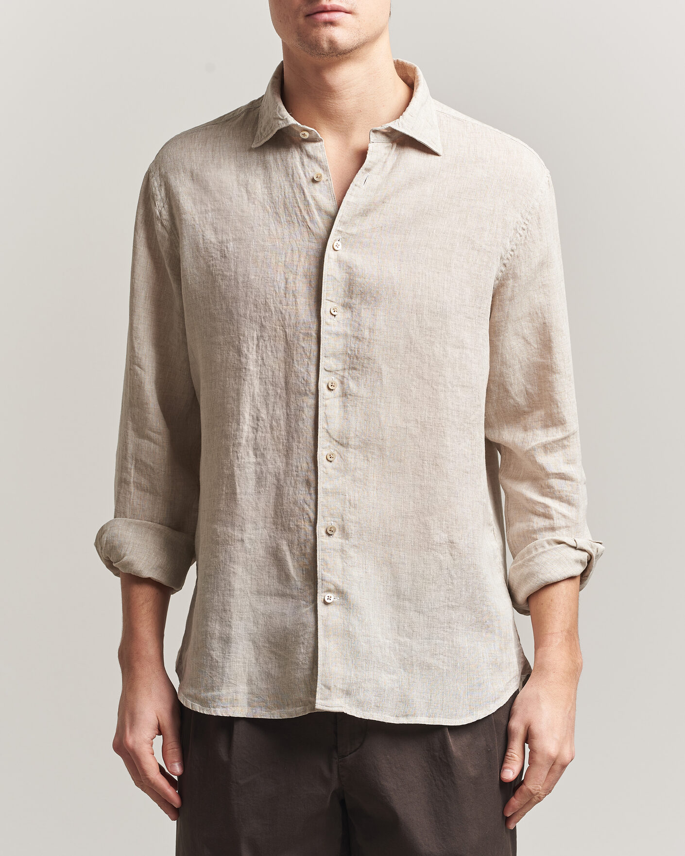 Mies | Kauluspaidat | Stenströms | Regular Fit Cut Away Linen Shirt Beige