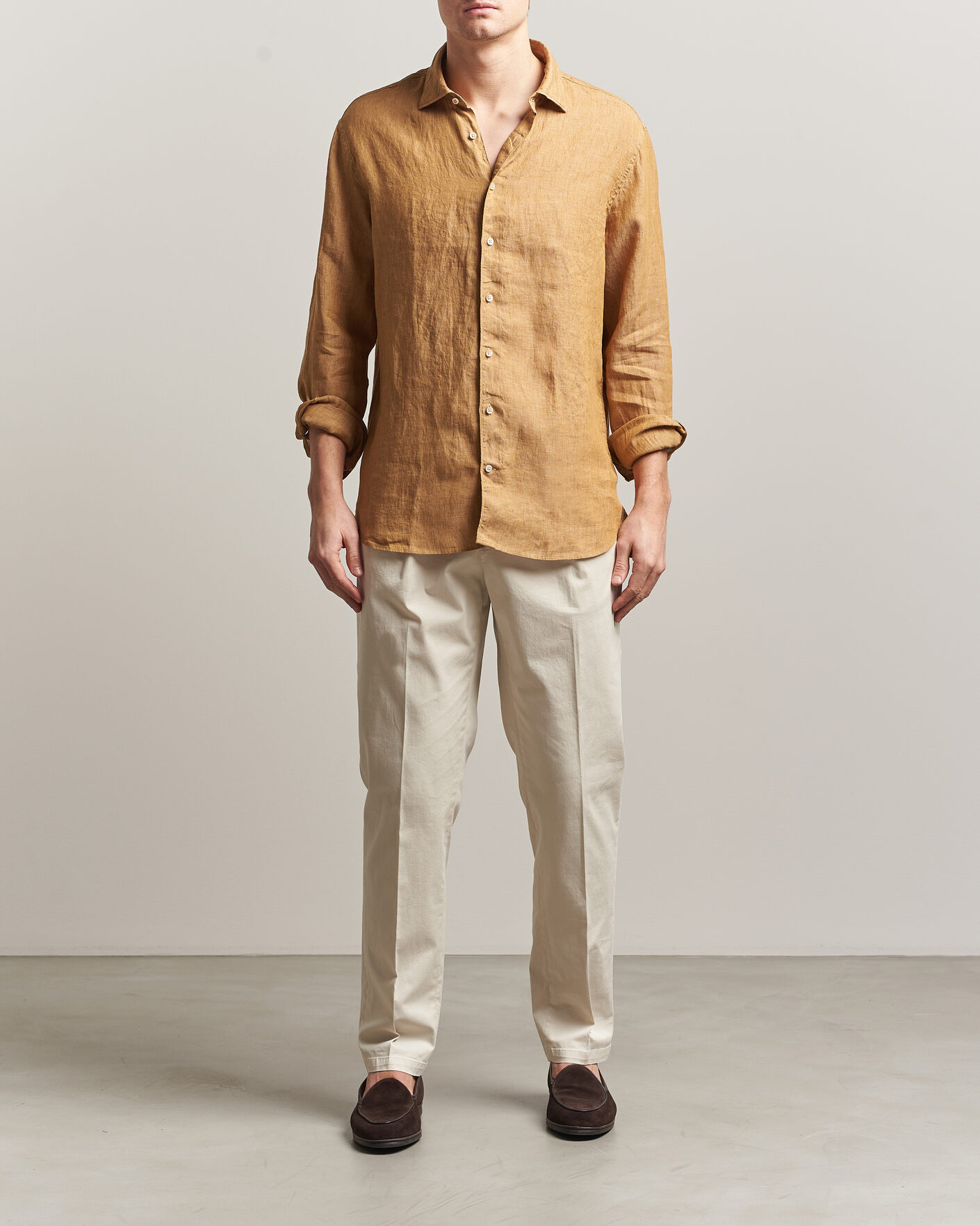 Mies | Kauluspaidat | Stenströms | Regular Fit Cut Away Linen Shirt Light Brown