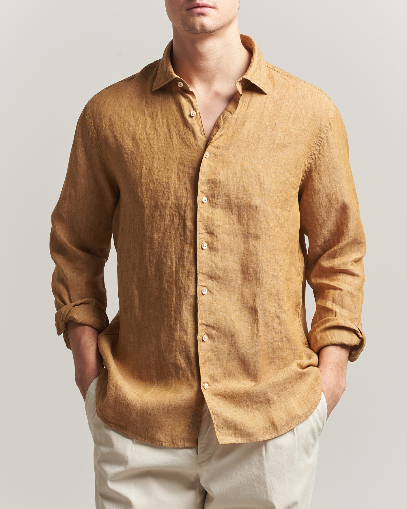 Mies | Kauluspaidat | Stenströms | Regular Fit Cut Away Linen Shirt Light Brown