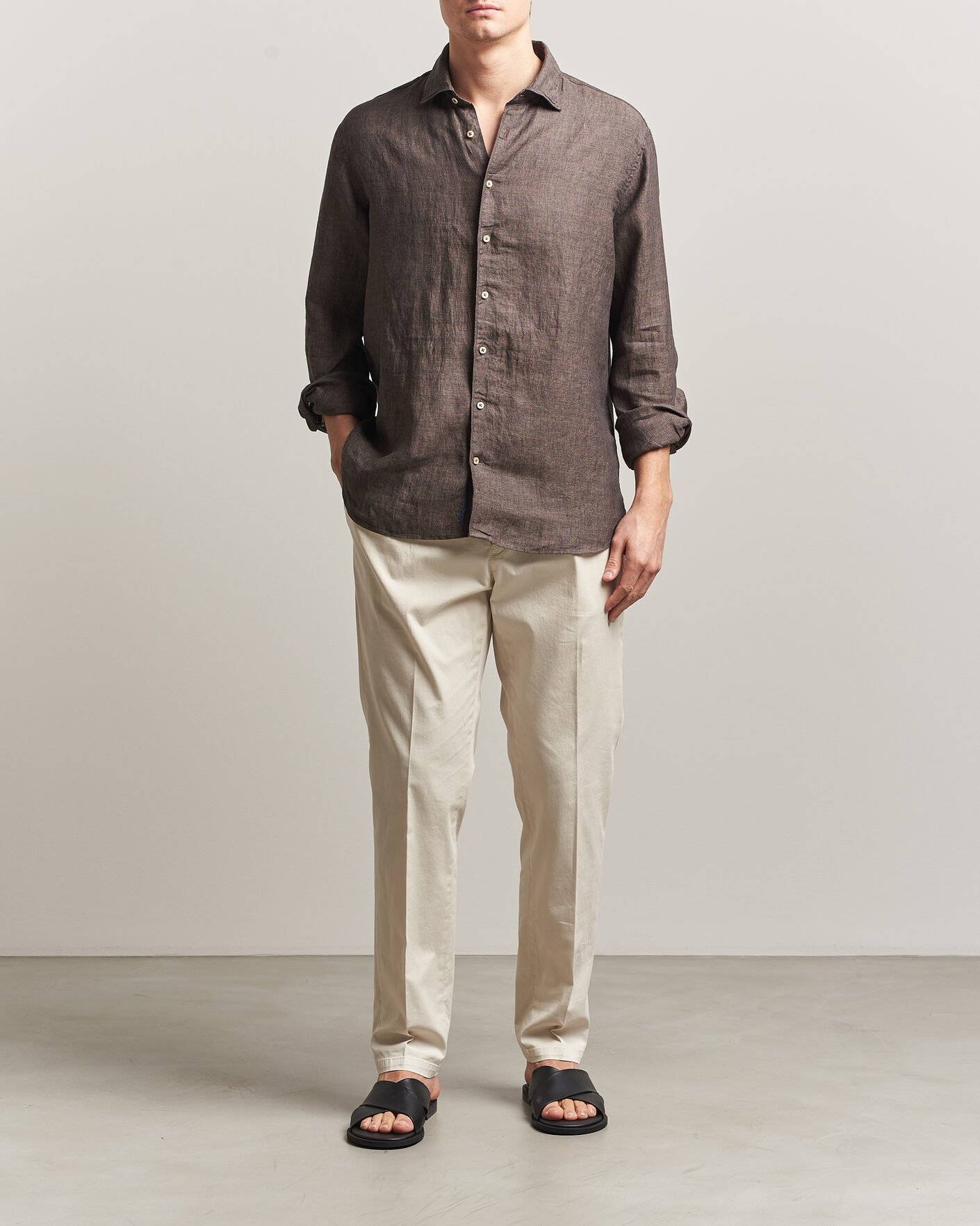 Mies | Kauluspaidat | Stenströms | Regular Fit Cut Away Linen Shirt Brown