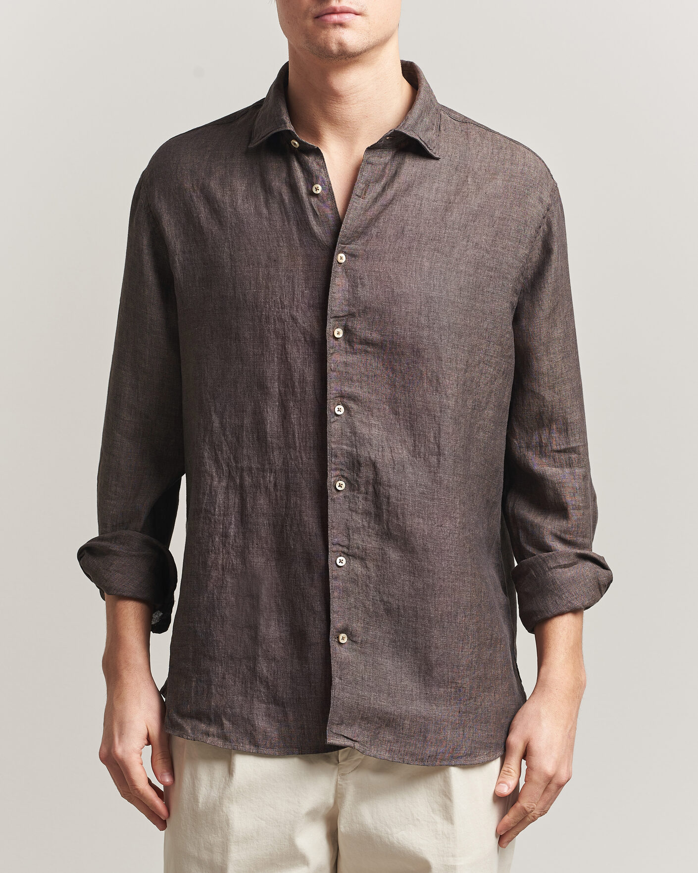 Mies | Kauluspaidat | Stenströms | Regular Fit Cut Away Linen Shirt Brown