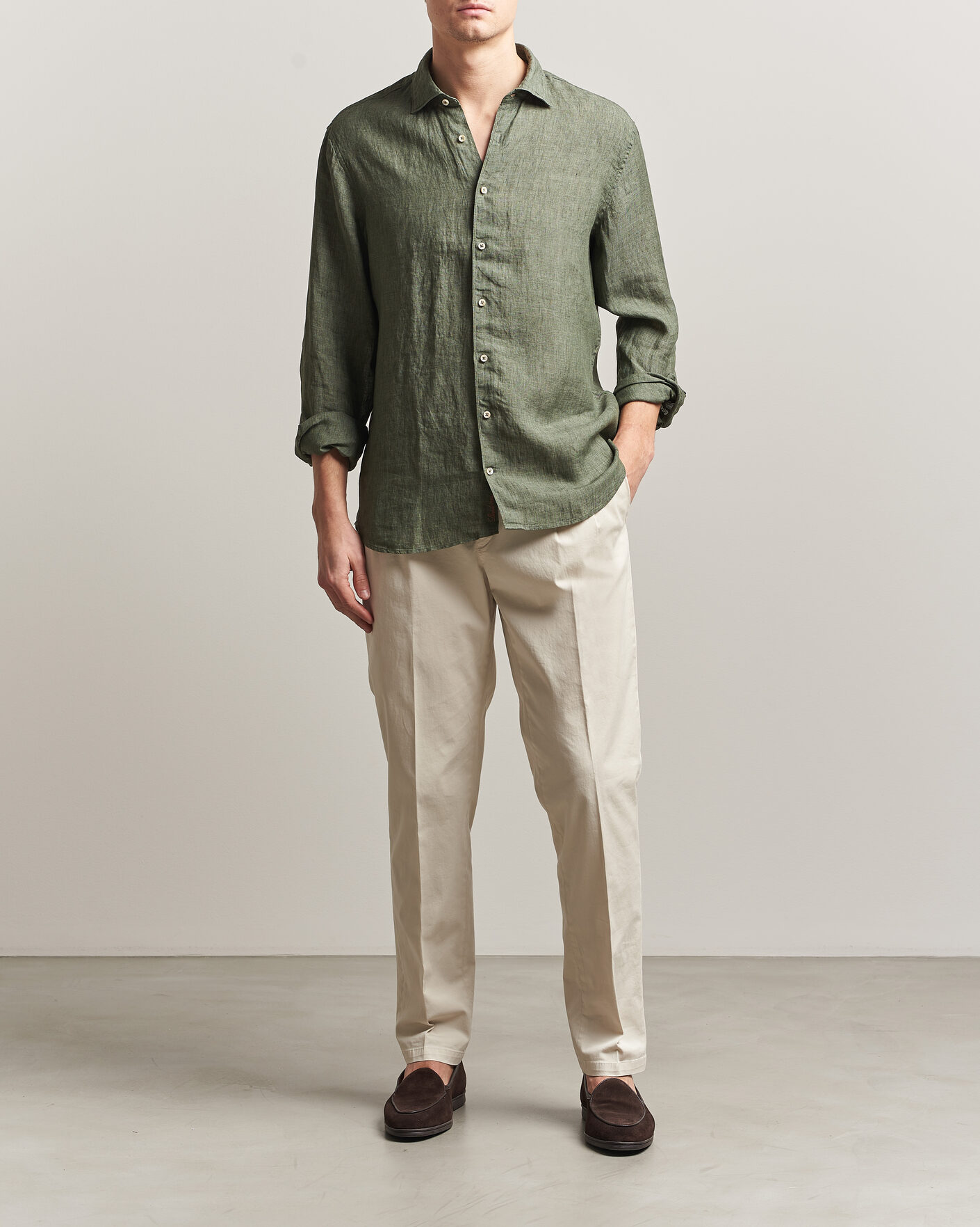 Mies | Kauluspaidat | Stenströms | Regular Fit Cut Away Linen Shirt Green