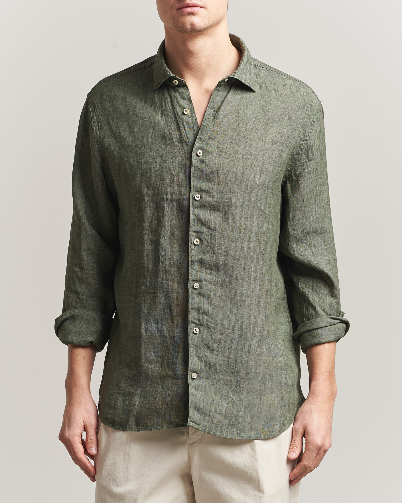 Mies | Kauluspaidat | Stenströms | Regular Fit Cut Away Linen Shirt Green