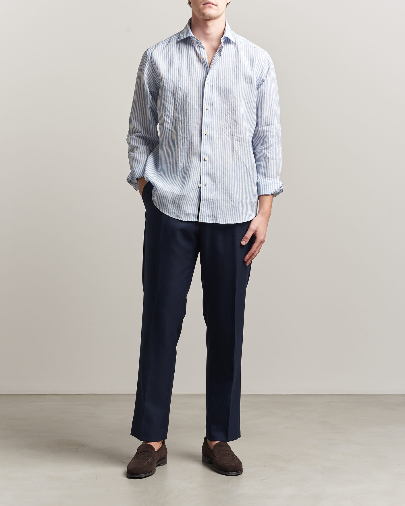 Mies | Kauluspaidat | Eton | Casual Fit Striped Linen Shirt Light Blue
